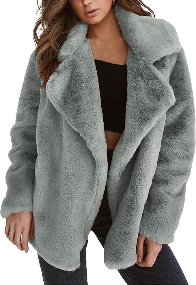 Women's Lapel Open Front Warm Faux Fur Jacket Coats Long Sleeve Fleece Cardigan Jackets Overcoat with Pockets