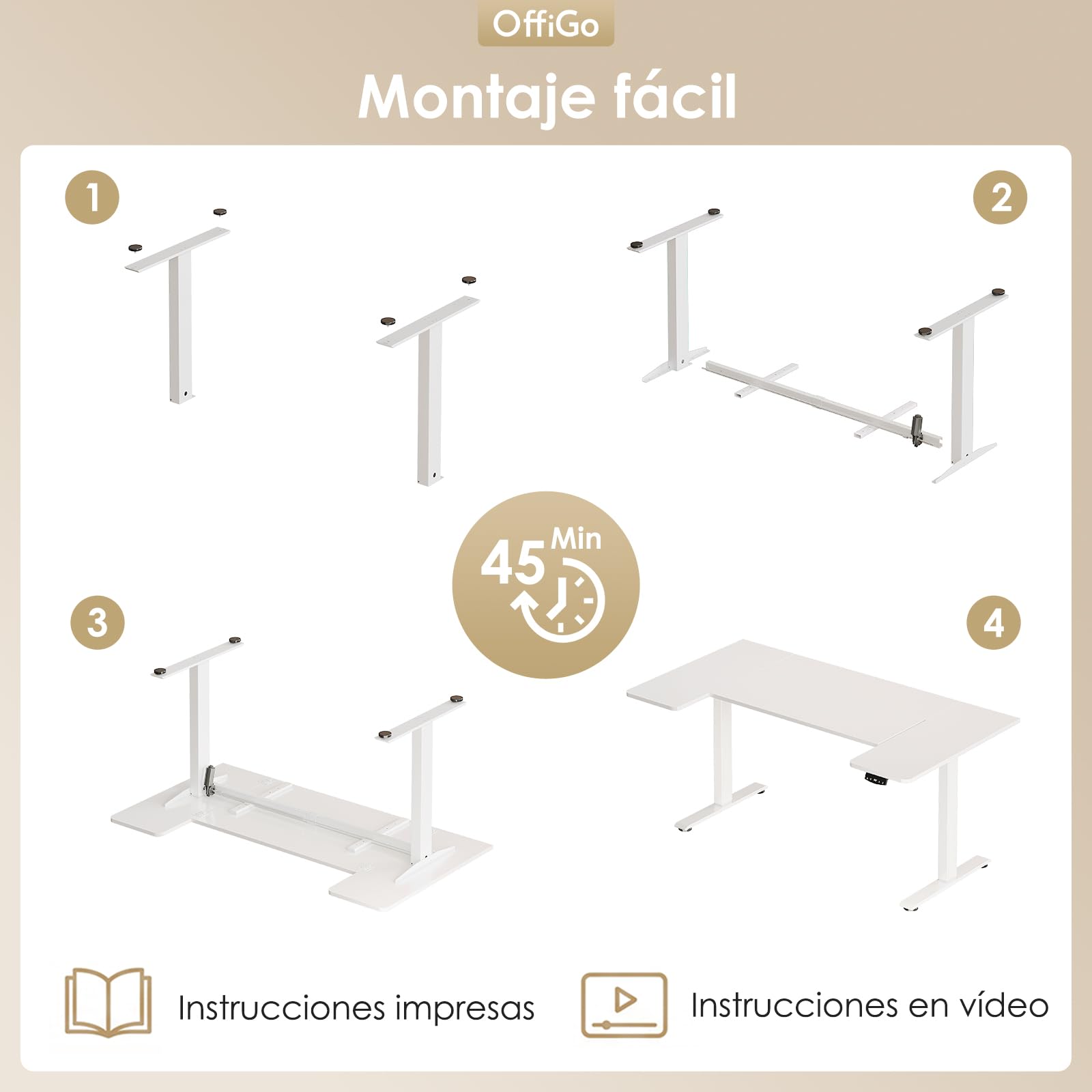 OffiGo Mesa Elevable Escritorio con Memoria, 140×70 cm, Blanco | Cubierta en forma de U, 2 memorias, eescritorio elevable para oficina en casa, mesa regulable 72-119 cm, motor silencioso