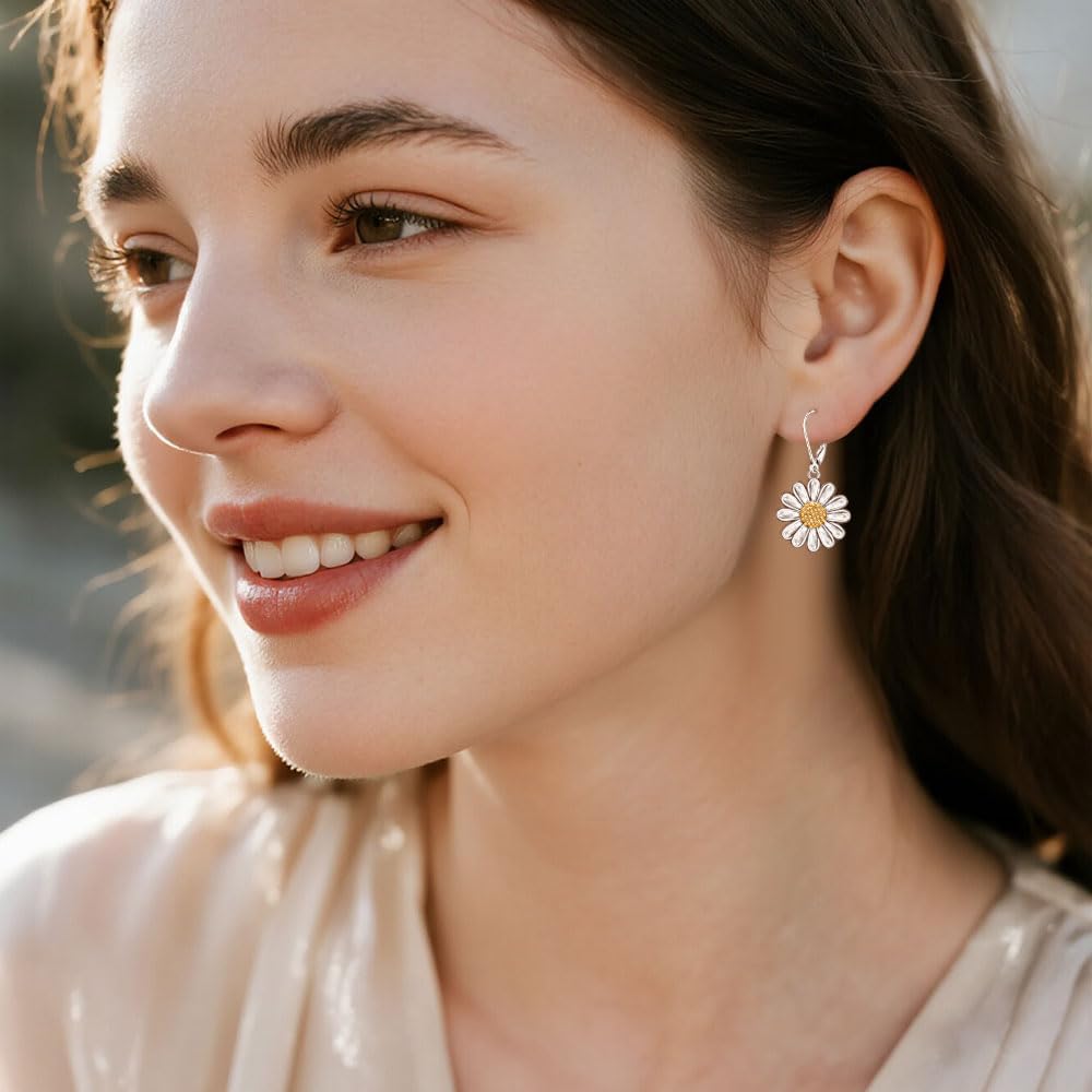 Daisy Earrings for Women Sterling Silver Daisy Gifts Leverback Dangle Studs Earring Jewelry Cubic Zircon Hooks Flower Studs Pendant 18k White Lucky Flowers - Image 5