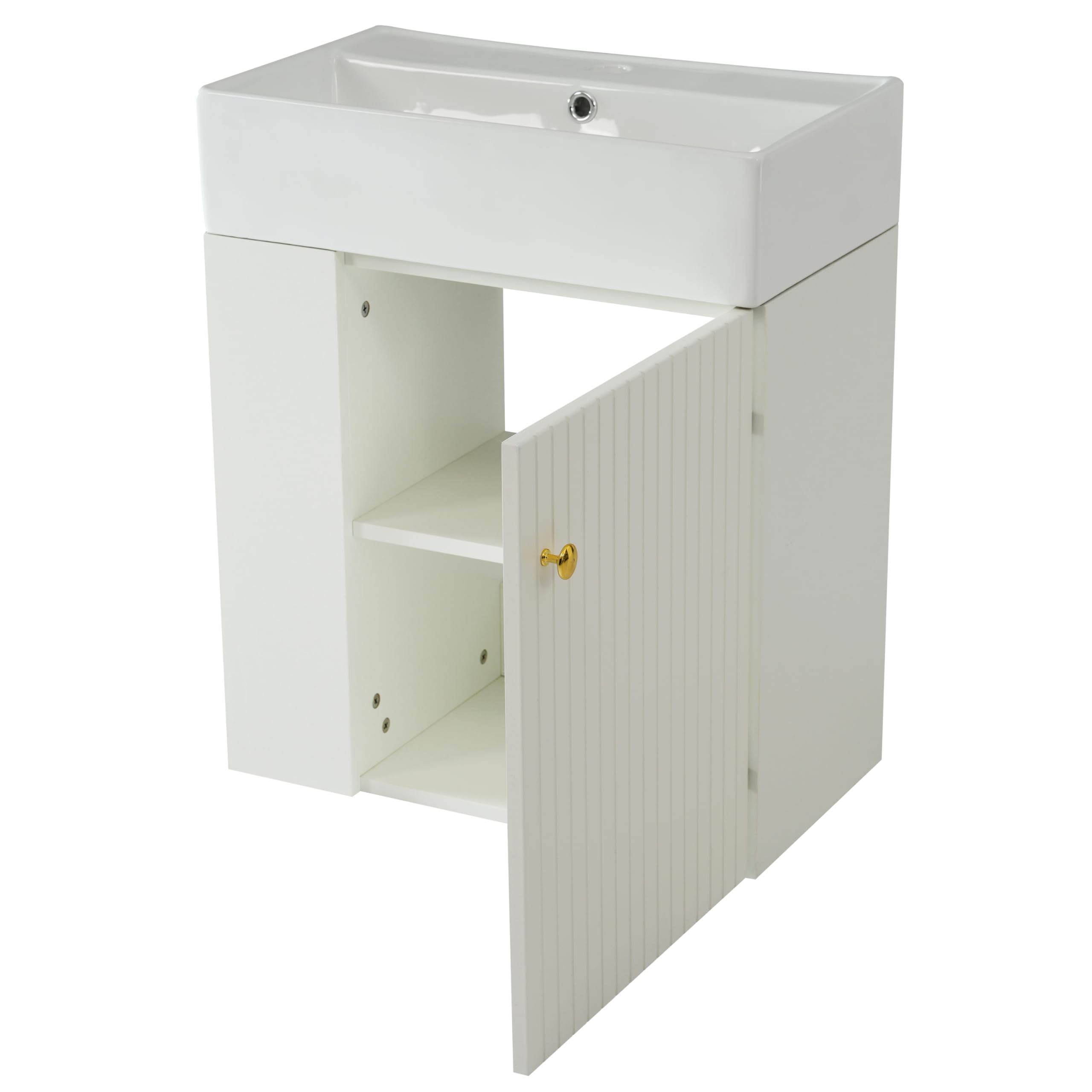 Mobile da bagno sospeso da 55 cm, con lavello in ceramica, moderno mobile da parete con anta scanalata e ripiano aperto, per casa, bagno, piccolo spazio, senza rubinetto (bianco)