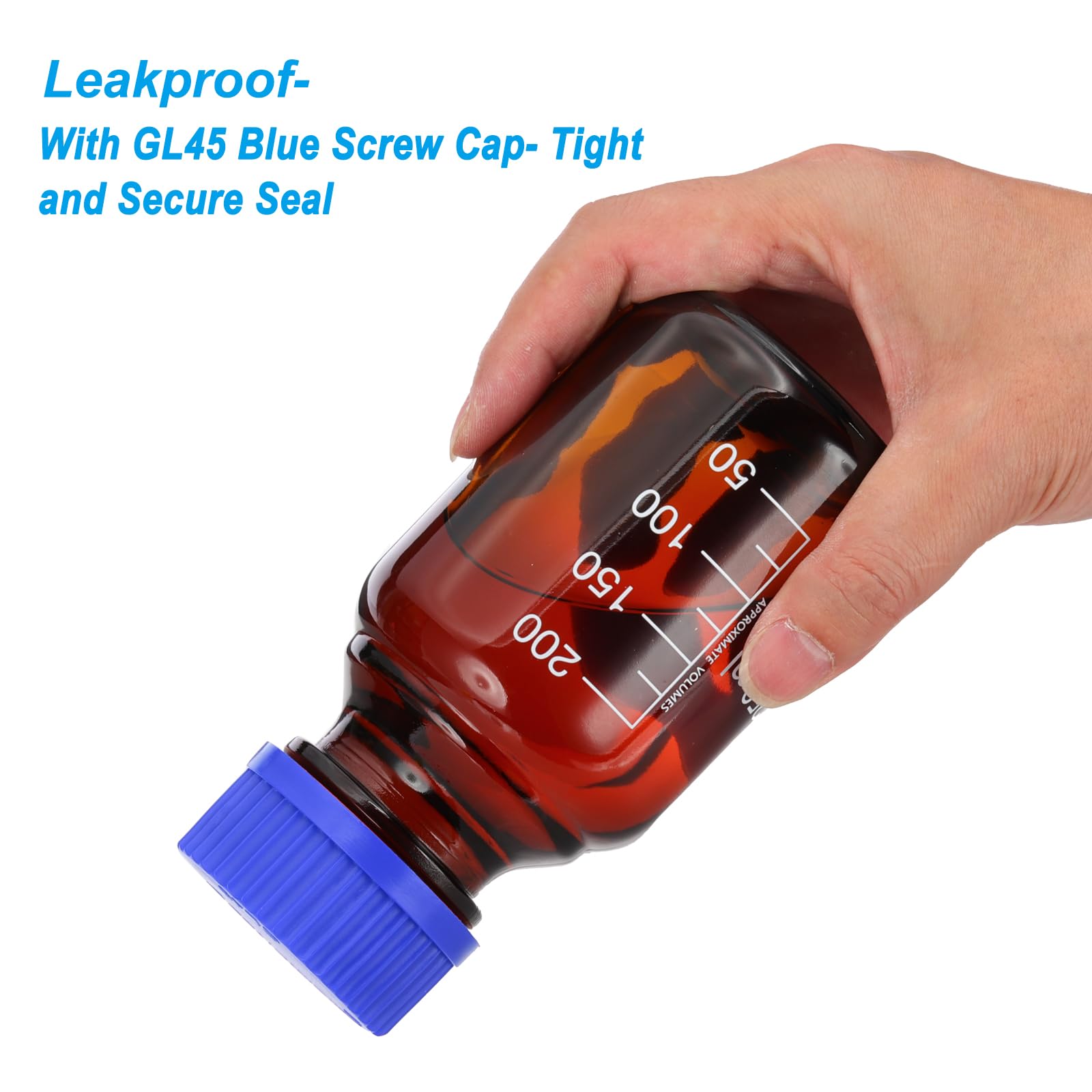 PATIKIL Bottiglie di Conservazione Media rotondo, 250ml Bottiglie rotondo in Vetro Spesso Graduato con Tappo a Vite Blu GL45 per Liquidi di Reagenti d'Acqua da Laboratorio, Marrone