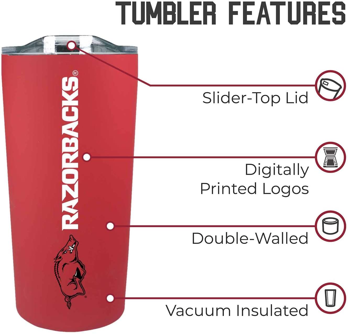 Campus Colors NCAA Stainless Steel Tumbler perfect for Gameday - 18 oz - Double Walled - Keeps Drinks Perfectly Insulated (Arkansas Razorbacks - Cardinal) - Image 5