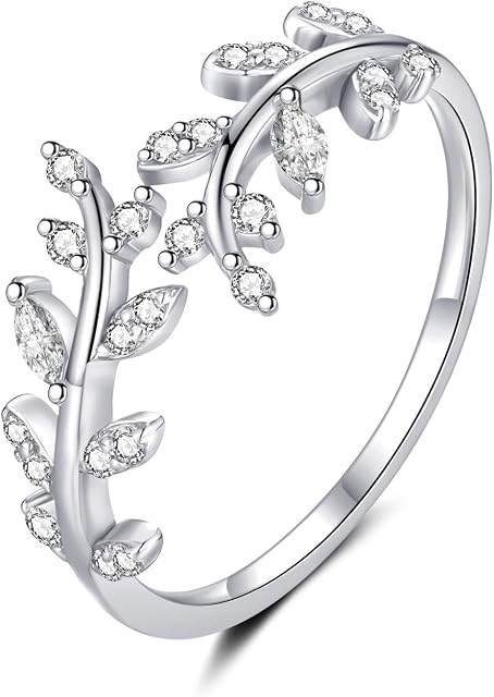 925 Sterling Silver Rings for Women Olive Leaf Cubic Zirconia Open Adjustable RingsGirls Womens Wedding Engagement Anniversary Jewellery Gifts 3 colorsSilver/Gold/Rose Gold