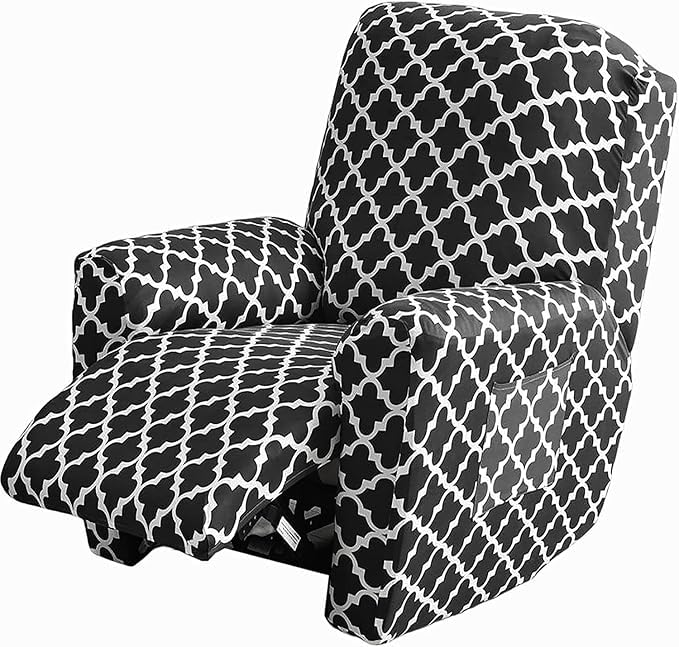 Image of House of Quirk Recliner Slipcover 4 Pieces Stretch Printed Chair Covers with Side Pocket Recliner Sofa Couch Cover Anti-Slip Fitted Recliner Cover Furniture Protector - Black Diamond