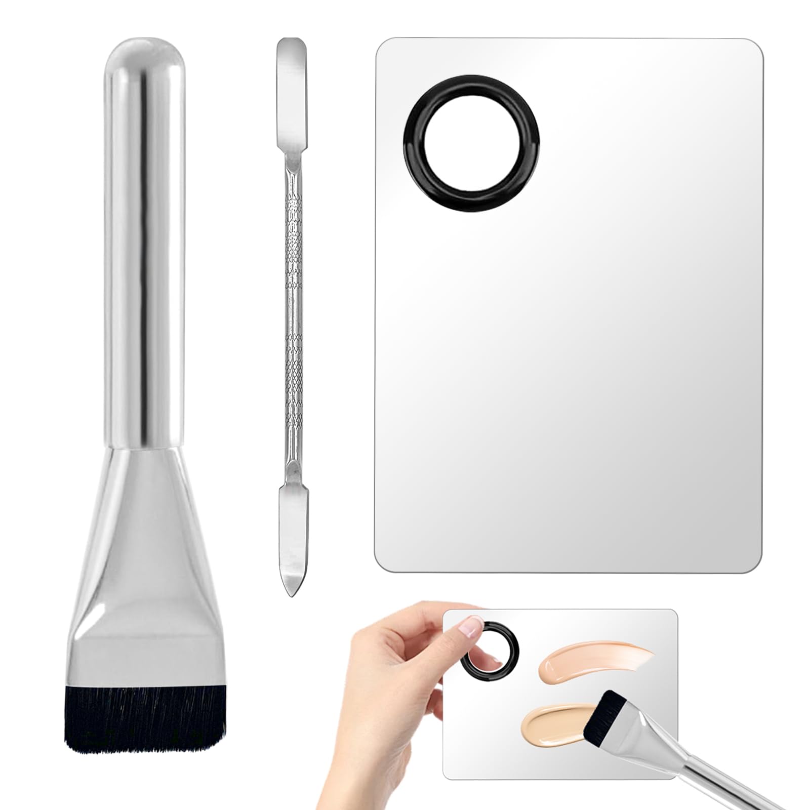 Herramienta de espátula de maquillaje, incluye paleta de mezcla de cosméticos, cepillo de base plana y raspador de maquillaje para arte de uñas, sombra de ojos, mezcla de pigmentos cosméticos