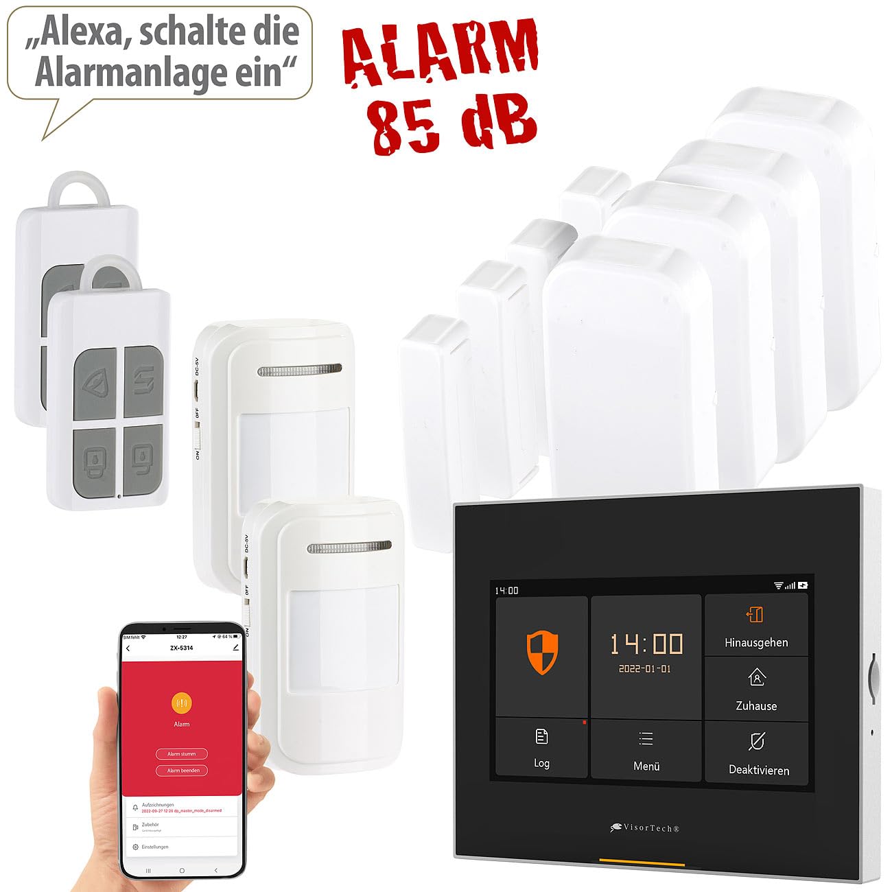 VisorTech Alarm: 10-TLG. Funk-Alarmanlage: 6 Sensoren, 2 Fernbedienungen, GSM, WLAN App (Alarmanlagen Haus, Alarmanlage Smart Home, 12V)