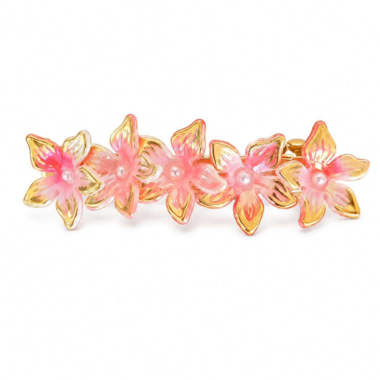 Pink Floral Hair Center Clip with Pearl | Flower Design, Gold-Tone Metal Base, Half-Up Hairstyle, Iridescent Petals, Women's Hair Accessory-image-13