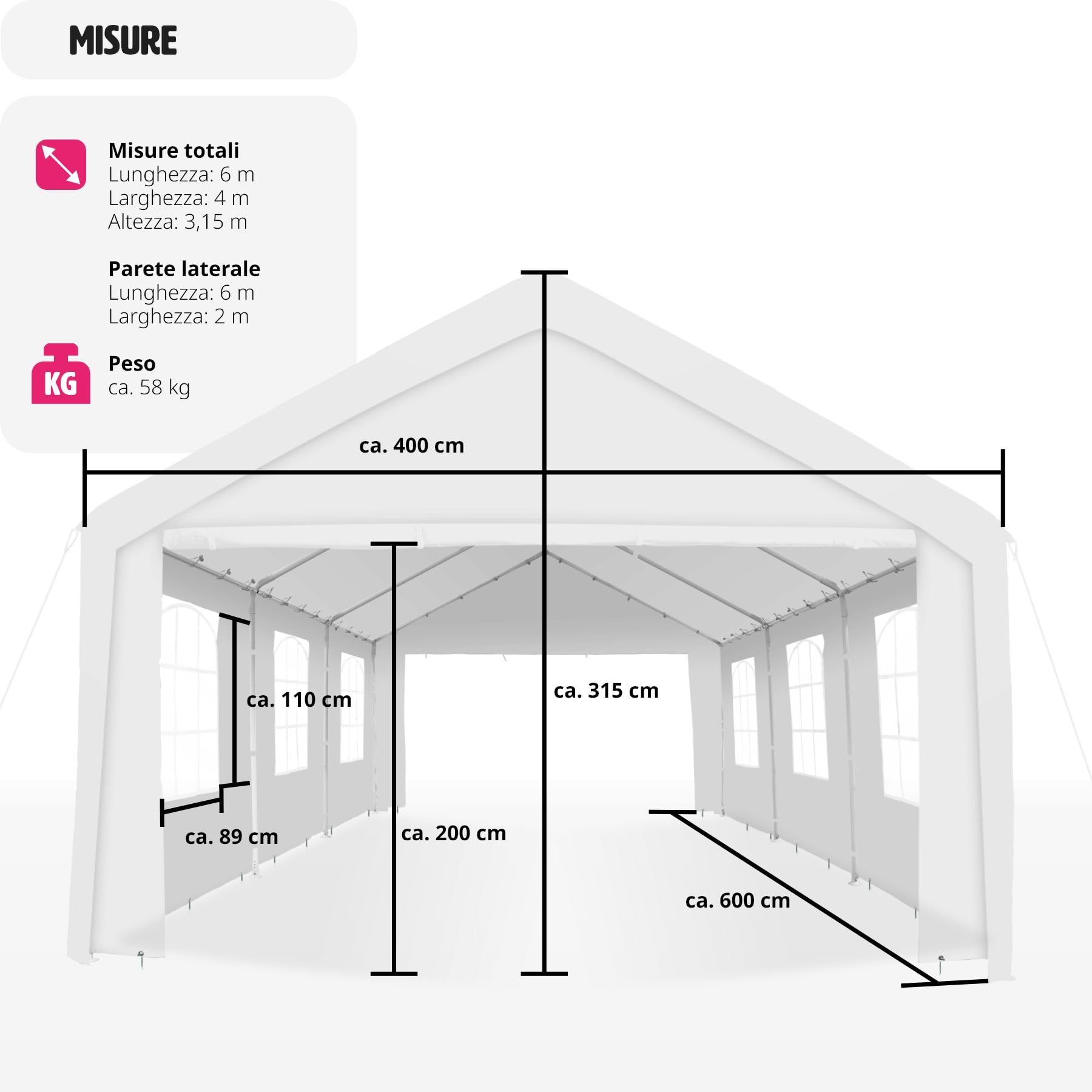 TecTake 403260 Gazebo da giardino, 6 x 4 m, autoportante, struttura in acciaio, tende di tela con finestre, telone da tetto incluso, bianco