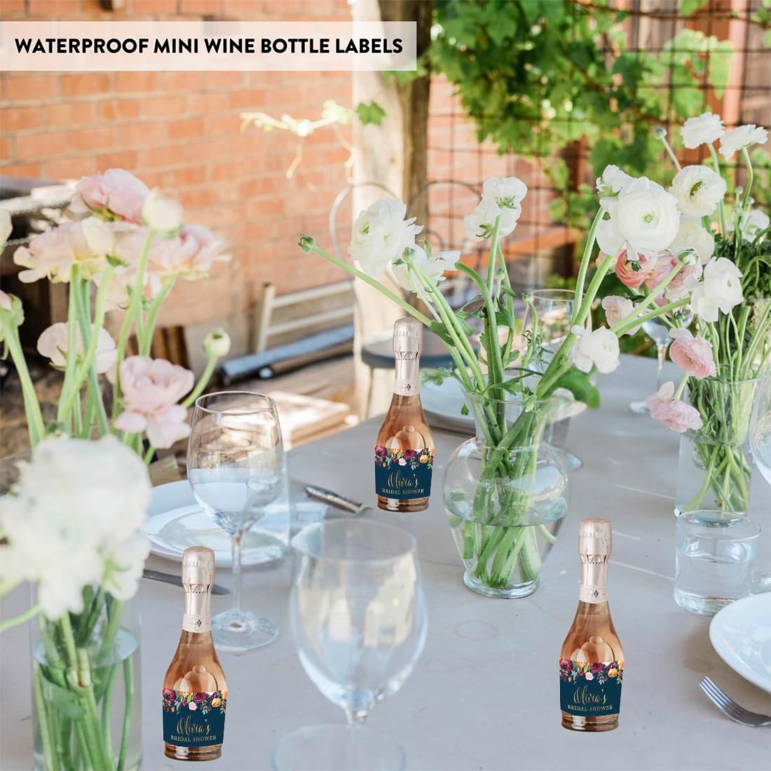 Andaz Press Personalized Bridal Shower Mini Wine Labels For Bottles, Fall Autumn Burgundy Navy Blue Floral Roses 20-Pack Custom Mini Champagne Bottles Bulk Mini Wine Bottle Labels For Champagne Bottle