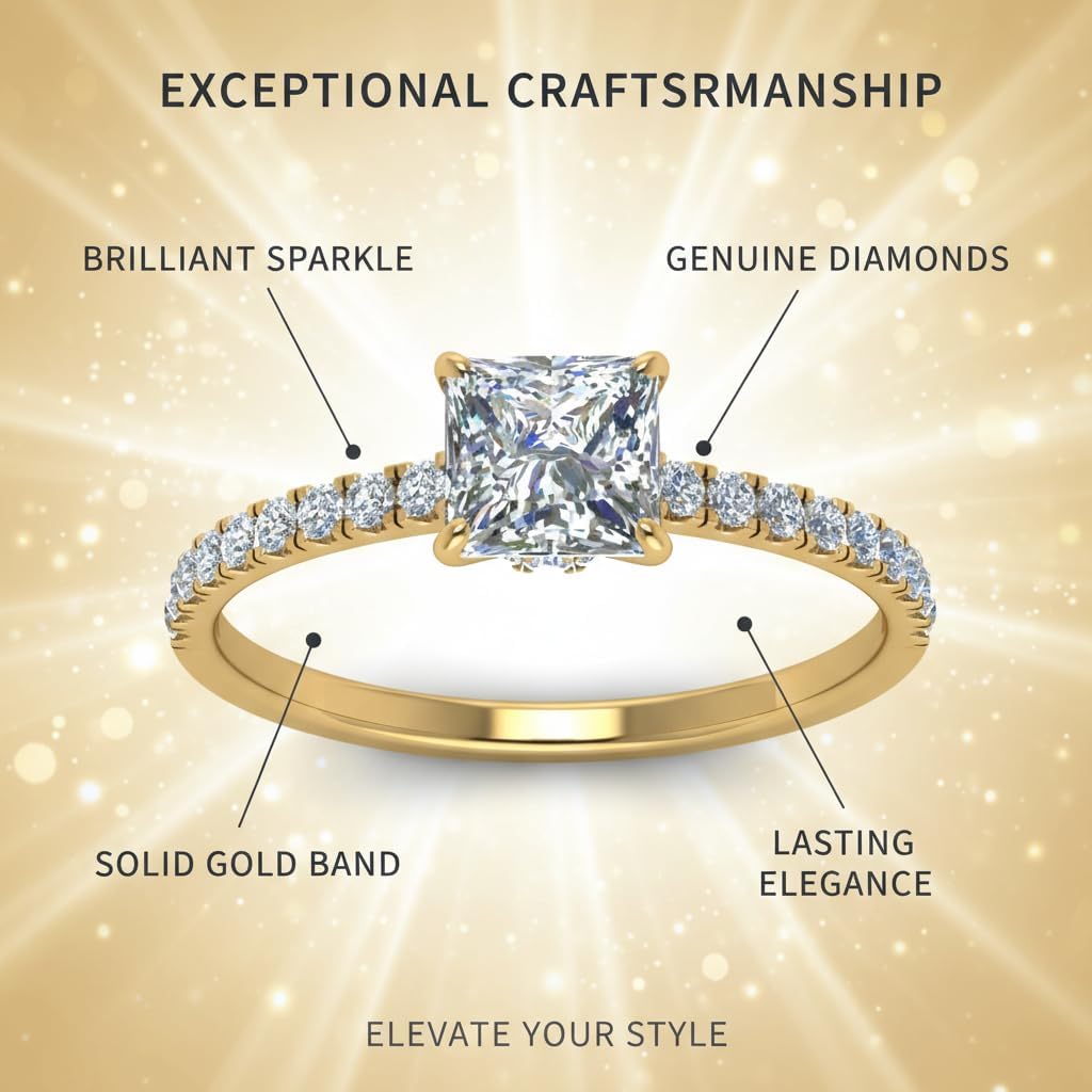 Choose Your Color Princess Shape 14k Yellow Gold Plated Hidden Halo Petite Diamond CZ Halo Engagement Ring for Women : US Size 4 to 12