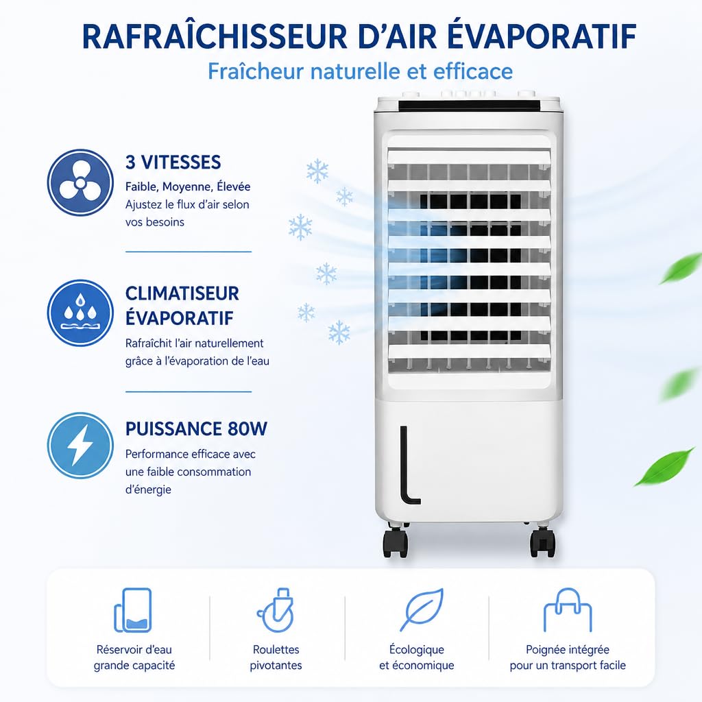 Climatiseur Mobile | Rafraîchisseur d'Air Évaporatif 80 W | Refroidisseur d'Air avec Réservoir d'Eau | 3 Vitesses | Oscillation Automatique | Silencieux | Faible Consommation