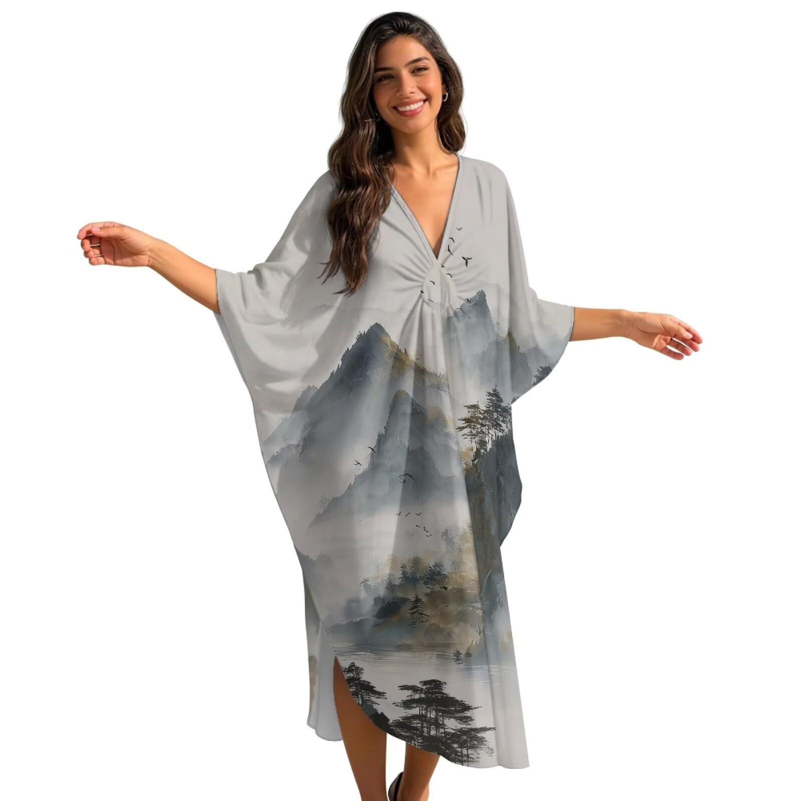 Xoenoiee Sukienki kaftan dla kobiet dekolt w serek plus size kaftany długi rękaw nietoperz okrycie plażowe letnia sukienka plażowa