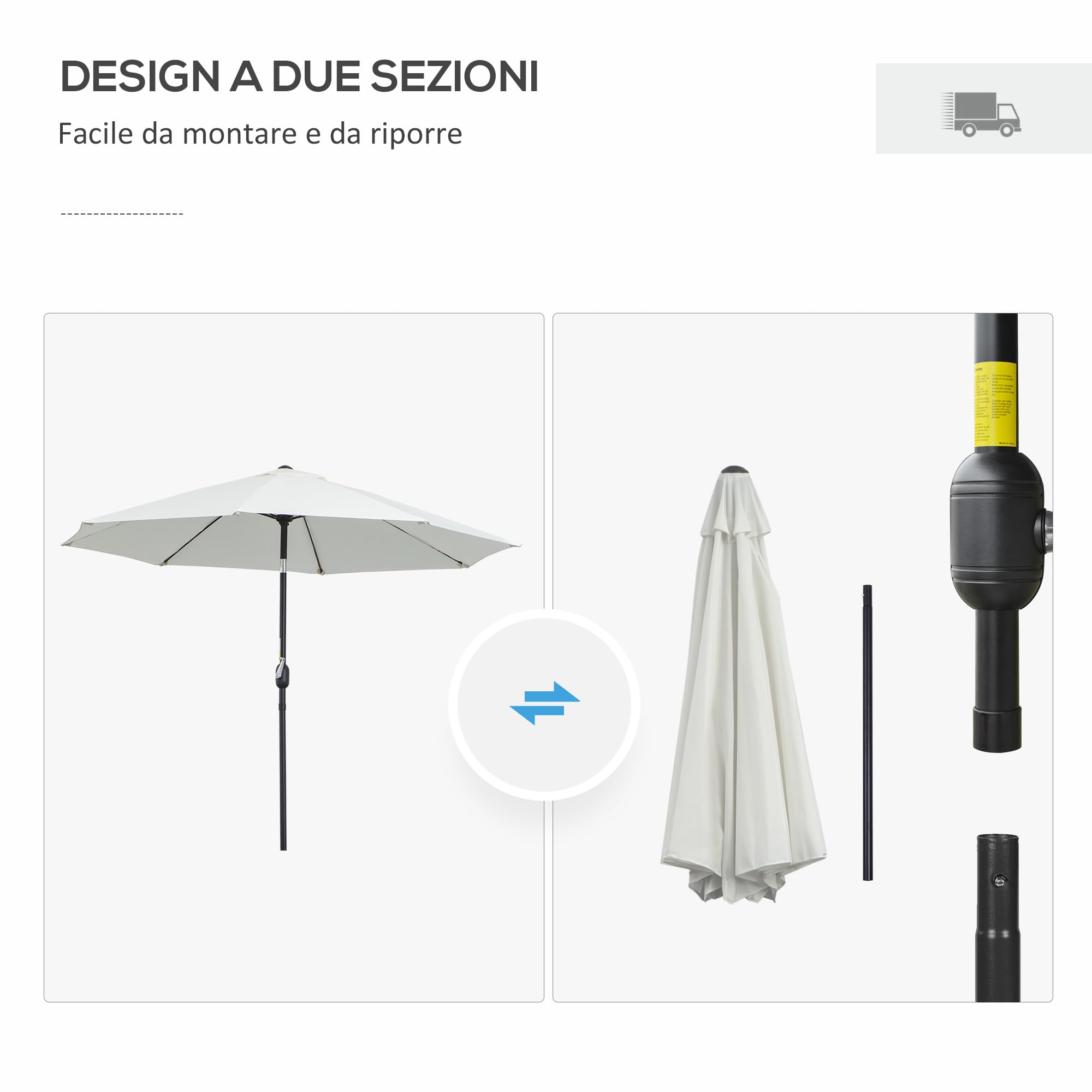 Outsunny Ombrellone da Giardino 2.65x2.65m Inclinabile 3 Angolazioni Manovella 8 Stecche Alluminio Poliestere 180g/m²