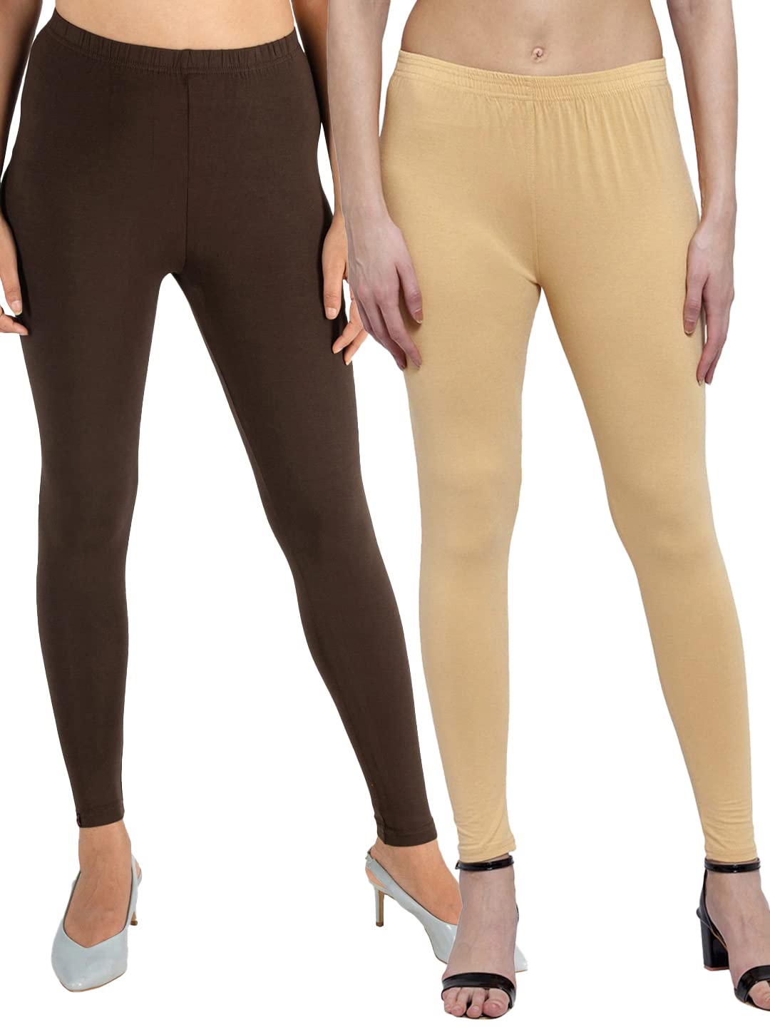 Women Pack of 2 Brown & Light Beige Cotton Lycra Ankle Leggings (Freesize)-image-3