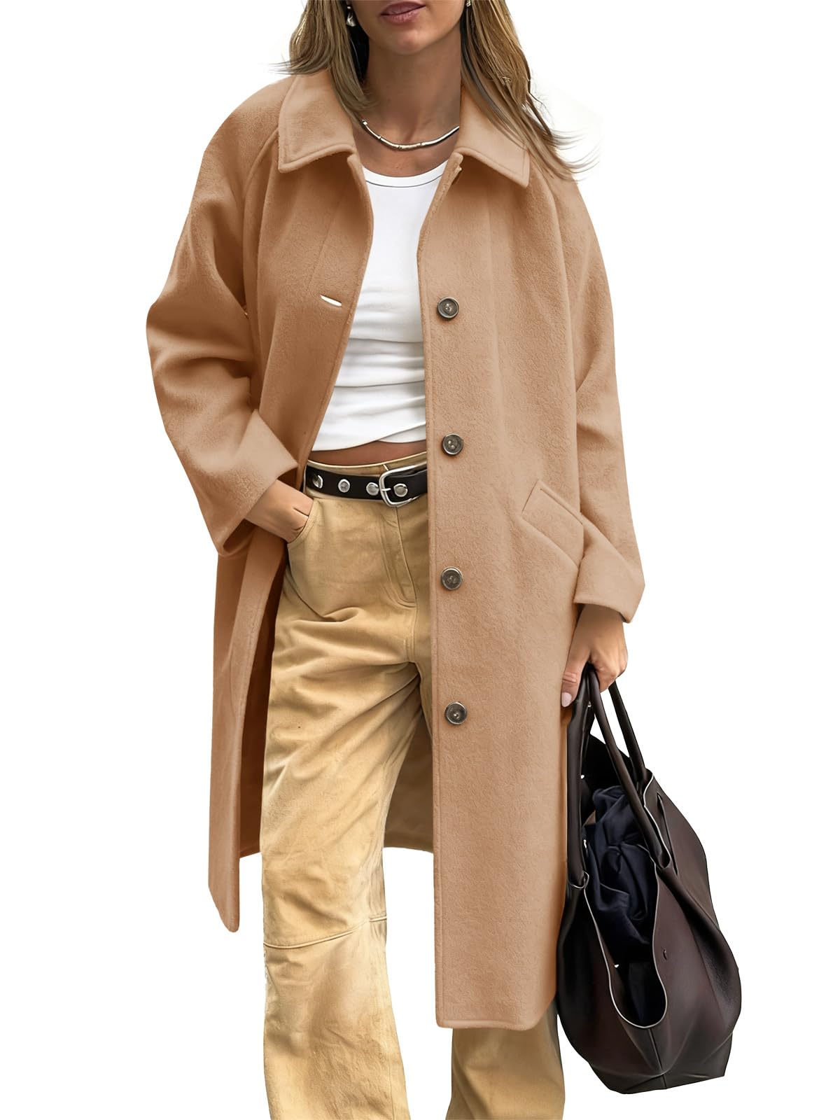 Cicy Bell Womens Long Single Breasted Coats Lapel Collar Peacoat Fall Winter Casual Trench Coat Jacket Outwear