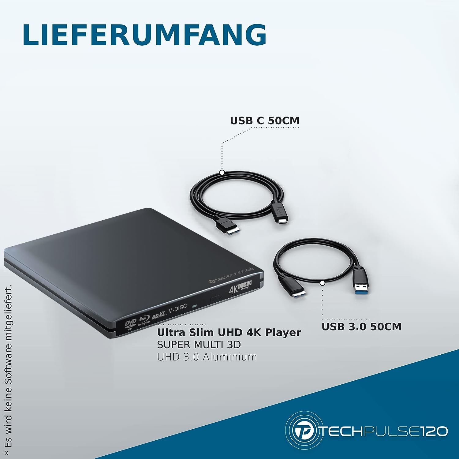 techPulse120 - Masterizzatore esterno, Blu-ray DVD CD USB-C UHD 3D M-DISC BDXL HDR10 100GB con Cavo di Collegamento (Masterizzatore USB C UHD 4K, Alluminio Grigio/Antracite.)