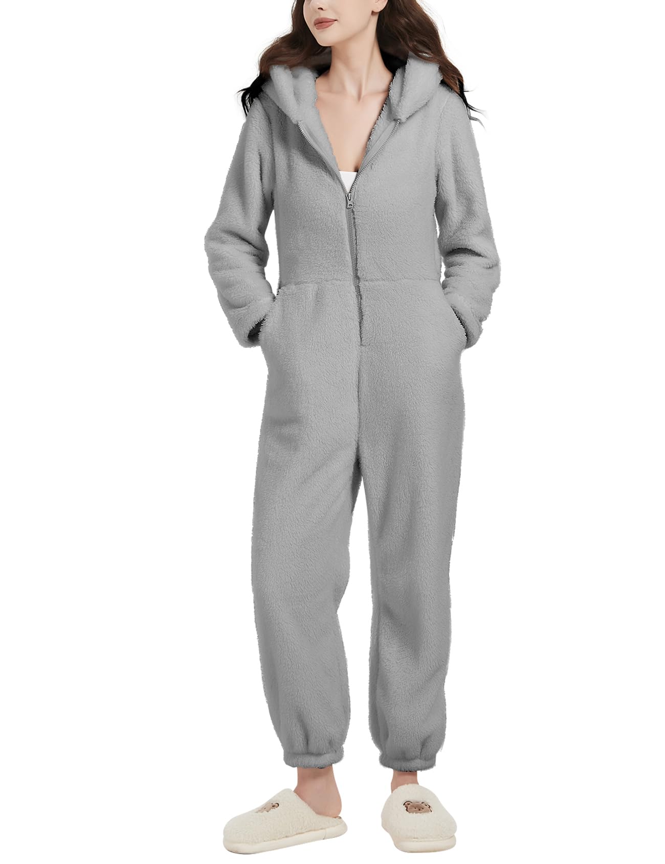 COZYPOIN Women Fleece Hoodie Onesie Pajamas Jumpsuit Zipper Fuzzy Romper Loungewear Sleepwear with Ear