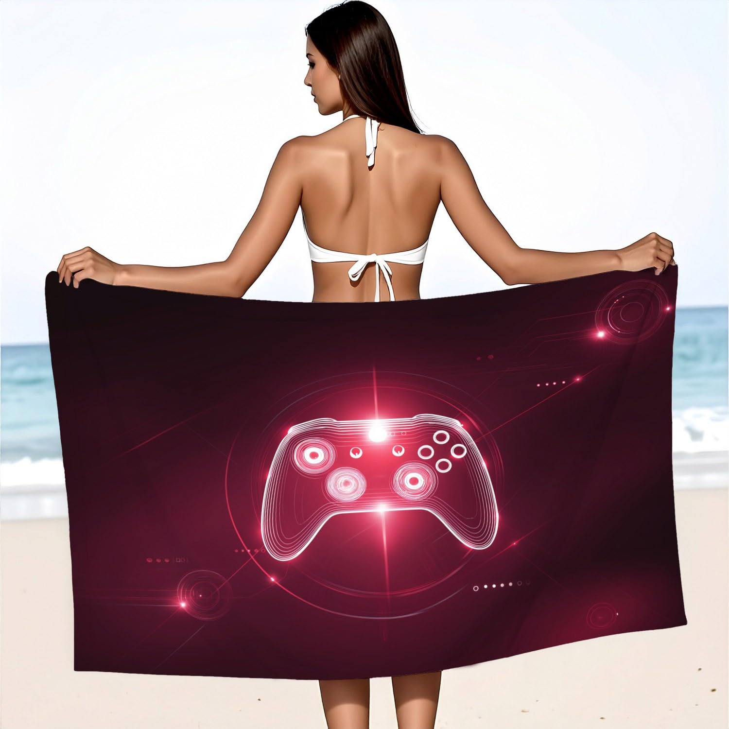 Générique Drap de Plage Anti Sable Sechage Rapide 180 cm x 160 cm Tech Futuriste Serviette de Plage Microfibre Cool Cyber Jeux Gaming Manette Punk Absorbante Super Couverture de Plage