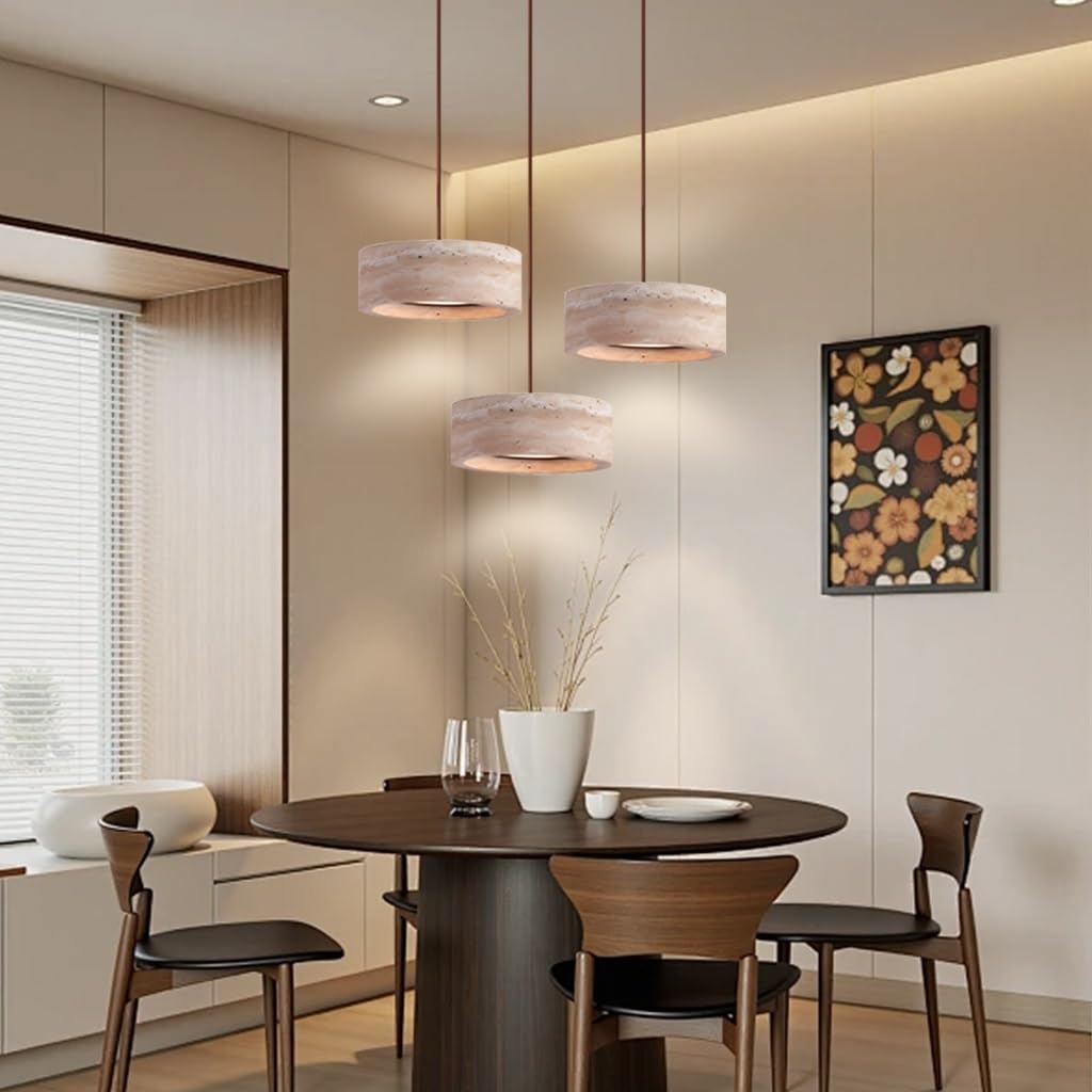 Moderne Gelbe Travertin Pendelleuchte Nordische Naturstein Hängelampe In Zylindrischer Form LED Holz Deckenleuchte Wabi-Sabi-Stil Geeignet Für Schlafzimmer Esszimmer Kücheninsel Wohnzimmer(A2)