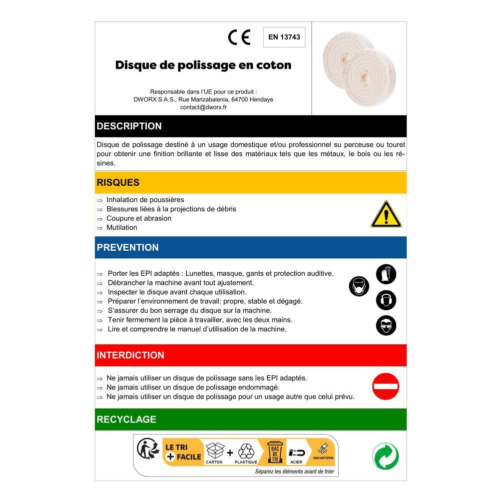 Lot de 2 Disques de Polissage en Coton Cousu - D. 200 x ép. 25 x Al. 16 mm - 80 Plis - Idéal pour Métaux, Bois et Plastiques - Accessoire Robuste pour Polisseuse et Finition Parfaite