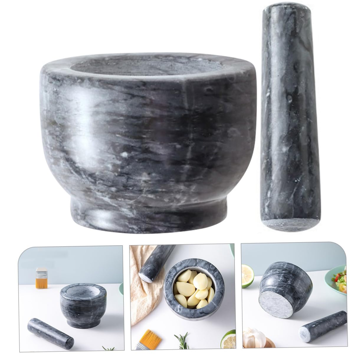 Mortier et Pilon en Marbre Noir, 1 Set, Cuisine et Maison, Outil Indispensable pour Écraser et Piler, Usage Restaurant