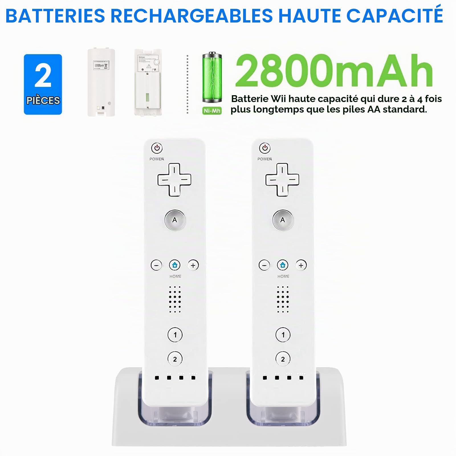 SANON Station de Recharge pour Wii Remote Controller, USB 2 Pors Charging Dock avec 2 Piles Rechargeables et indicateurs LED pour Wii Télécommande (Blanche-2 Dock)
