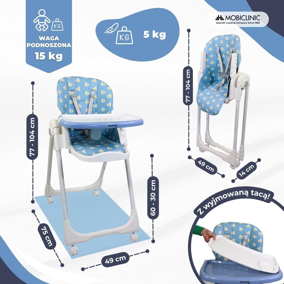 Mobiclinic®, Wysokie krzesełko dla dziecka, Evolutive, Dodatkowe składanie, Możliwość przekształcenia w krzesełko, Simba, 5-punktowe, Kółka z hamulcami, Podwójna wyjmowana tacka