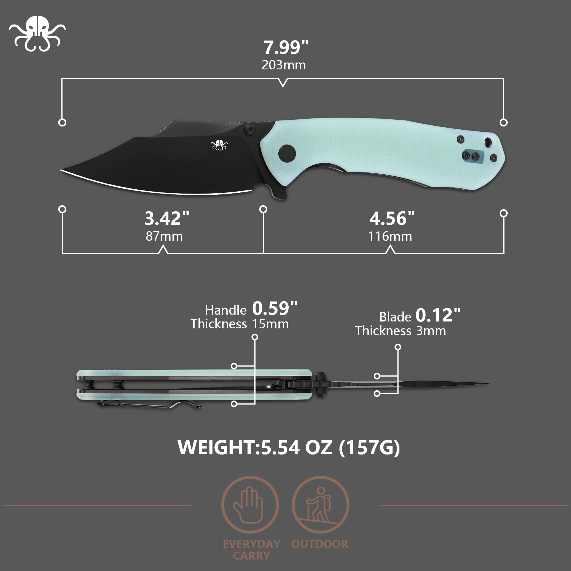 KLAKEN Specter Broad D2 Folding Pocket Knife, G10 Survival Outdoor Knife view 7