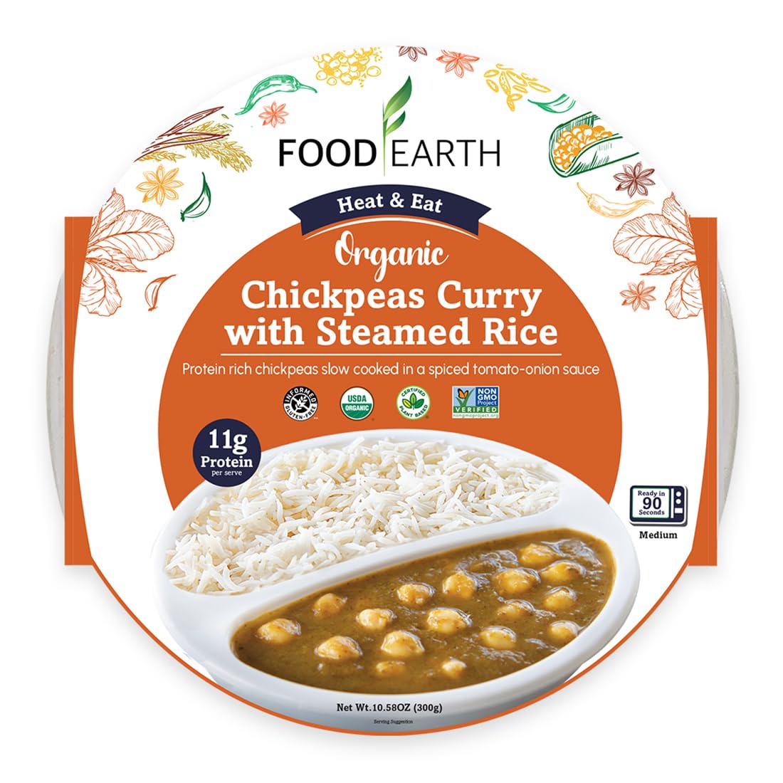 Food Earth Ready-to-Eat Indian Chickpeas Curry with Steamed Rice – Organic, Vegan, Gluten-Free, Microwavable Meal (Pack of 6 x 10.58 oz)