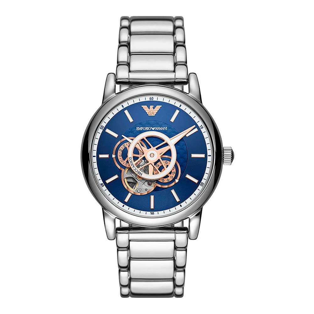 Emporio Armani Montre pour homme, mouvement automatique, boîtier en acier inoxydable de 43 mm avec bracelet en acier inoxydable,