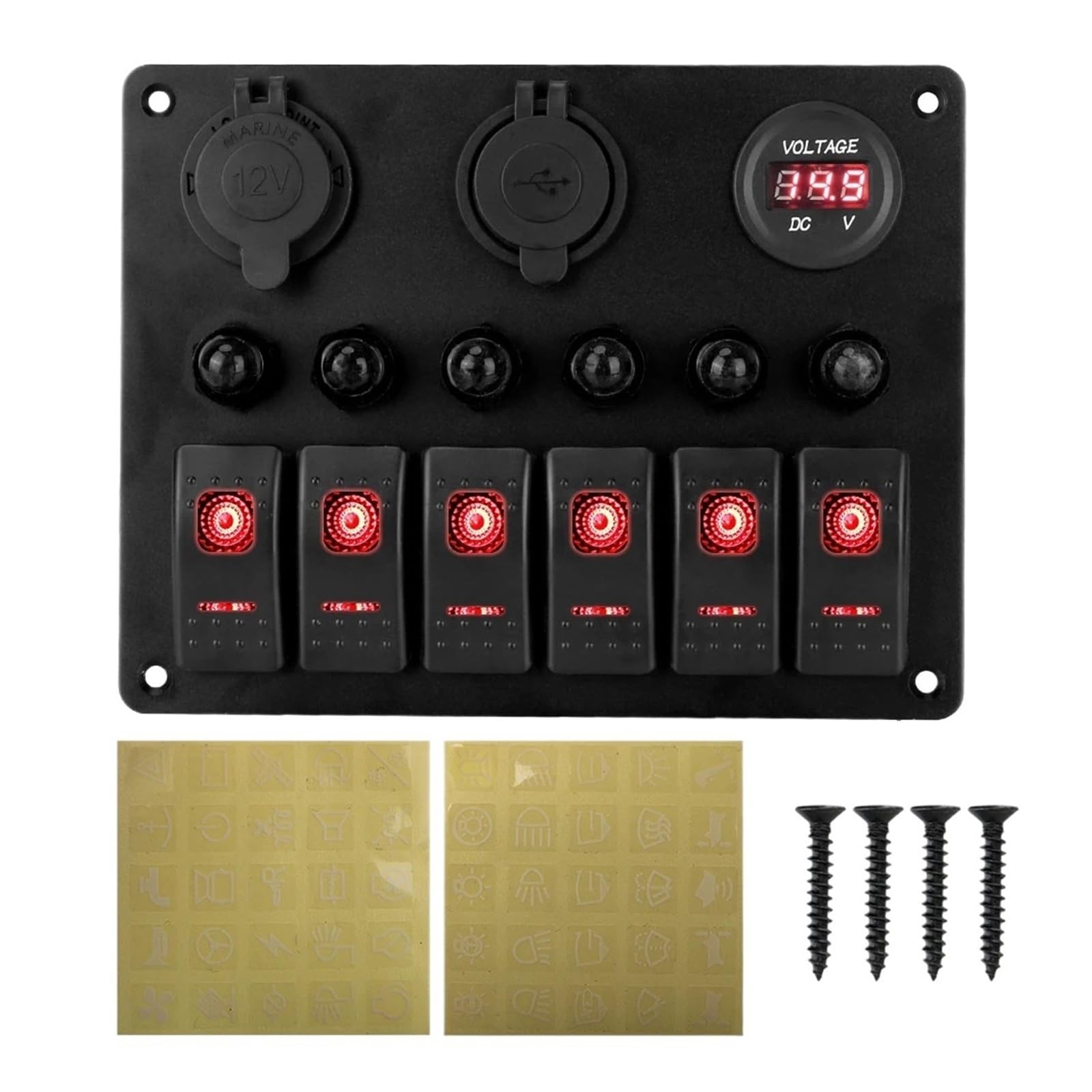 12 V, 24 V, 6 przycisków, panel przełączania samochodowego, 15 A, bezpiecznik, wyłącznik obwodowy, woltomierz, światło przełączane, ładowarka USB 3.0, rozdzielacz samochodowy (6 biegów, czerwony)