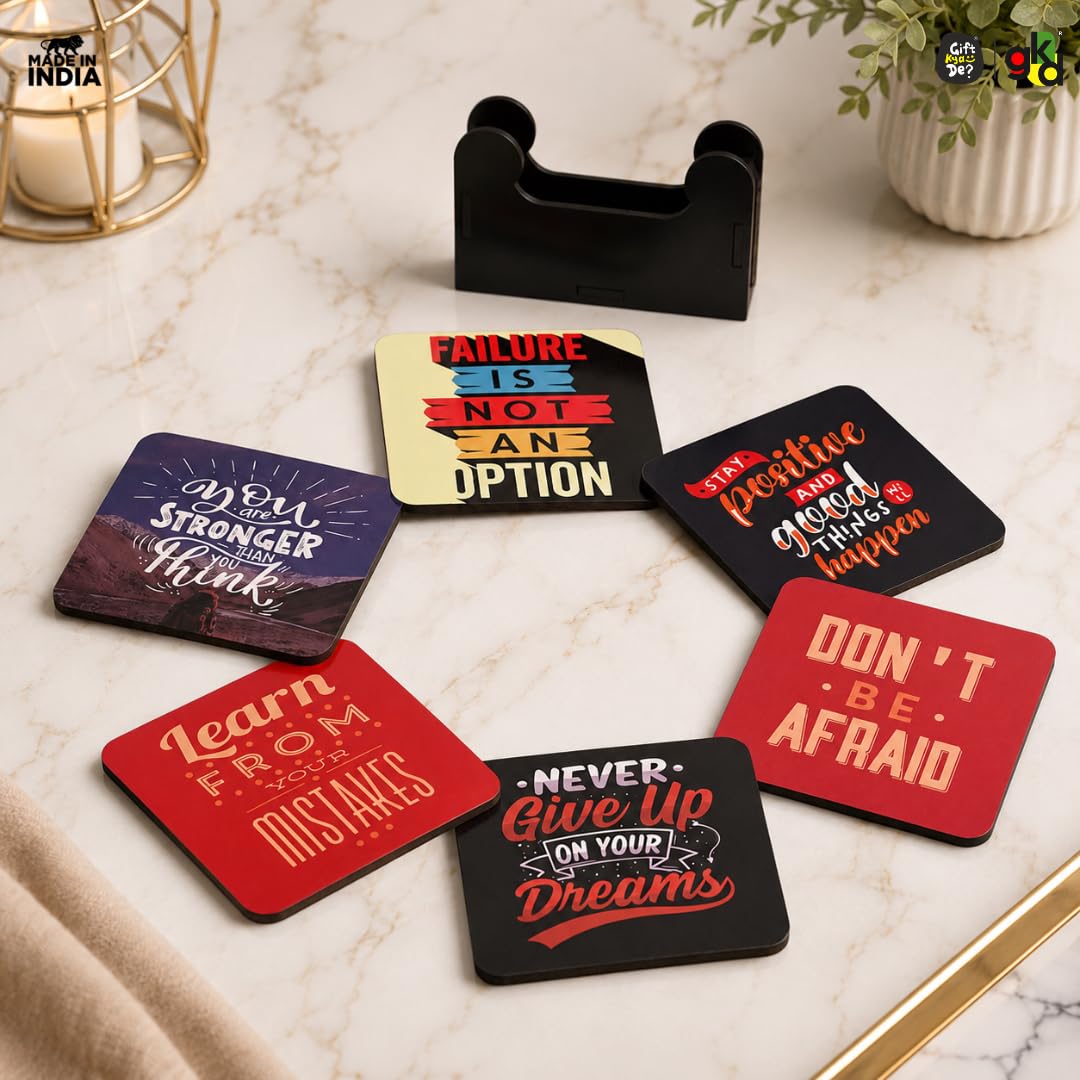 GKD Wooden Coaster Set of 6 with Stand | Motivational Quote Tea Coffee Coasters | Wooden Table Coasters for Home Office Desk Decor | Designer Drink Coasters | Square 3.8 x 3.8 Inch 1
