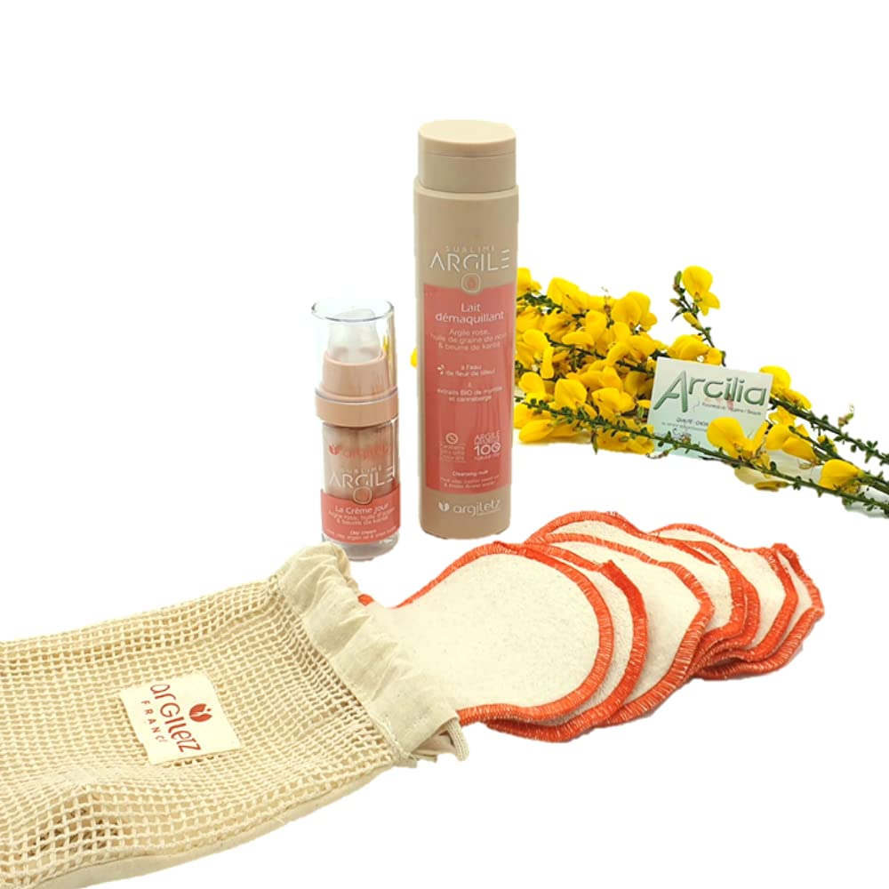 ARCILIA - KIT ROUTINE NUIT ARGILETZ - LAIT DÉMAQUILLANT, COTON DÉMAQUILLANT LAVABLE RÉUTILISABLE EN COTON BIO ET CRÈME DE NUIT À L'ARGILE ROSE - TOUS TYPES DE PEAUX
