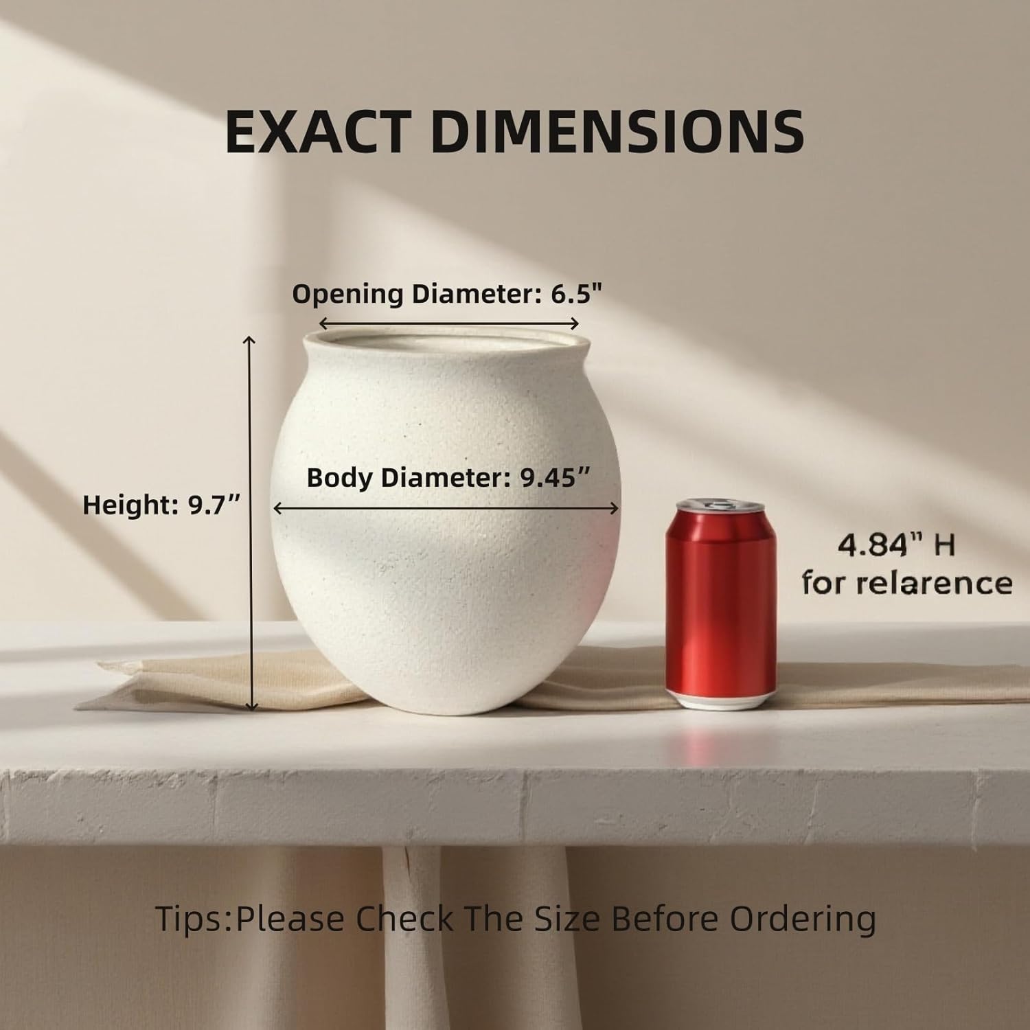 Round Wide Mouth White Ceramic Vase -9.7" Large Flower Pot with Drainage Hole for Indoor Plants, Gravel Textured Cream White Vase & Planter for Home Decor