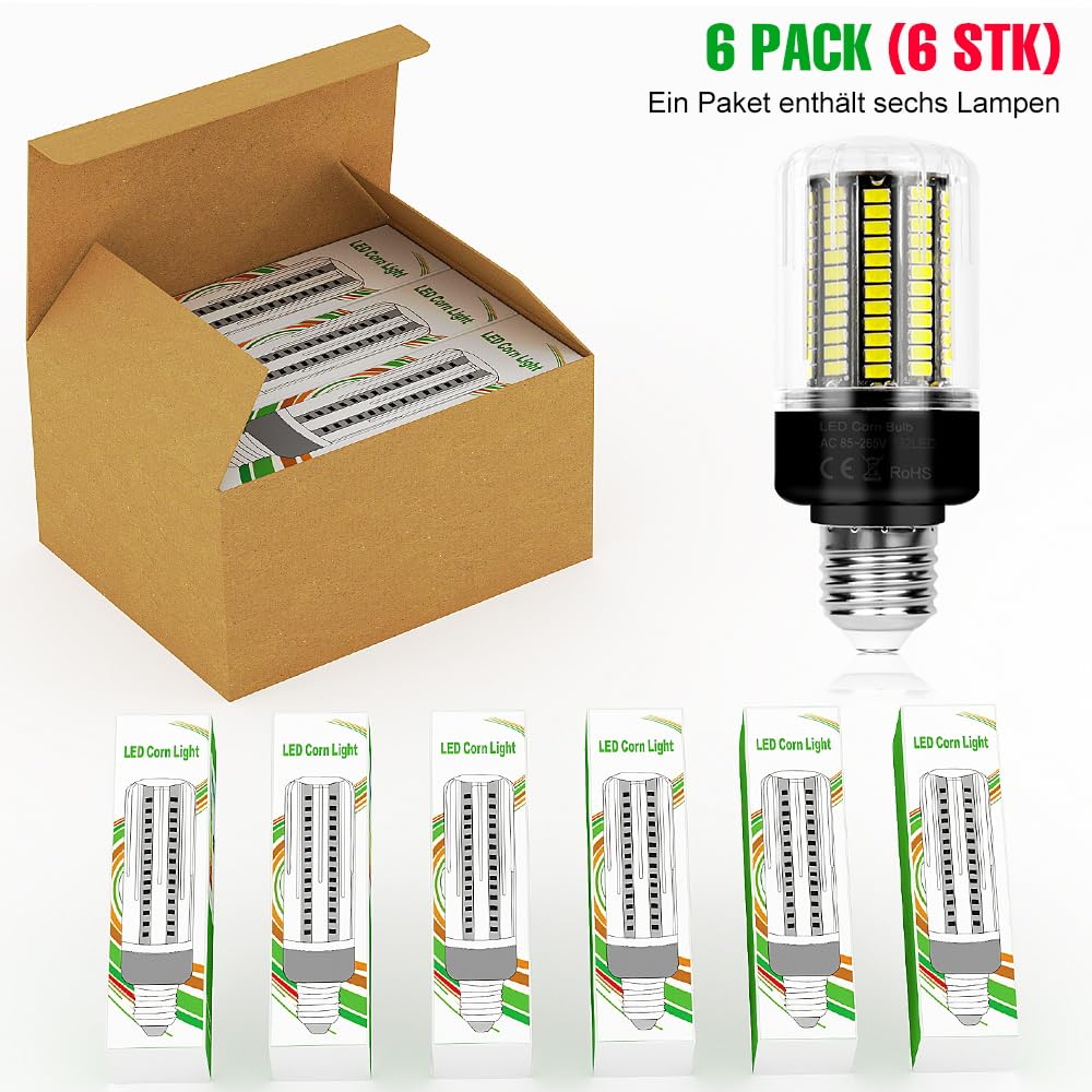 WENNI 6er Pack E27 Maisbirne 3146LM 6000K Kaltweiß 250W Ersatz LED Lampen 220V E26 Mais Glühbirnen Birnen Maiskolben Leuchtmittel Kein Flackern Garage Werkstatt Hof Lagerhalle Büro 2 Jahre Garantie