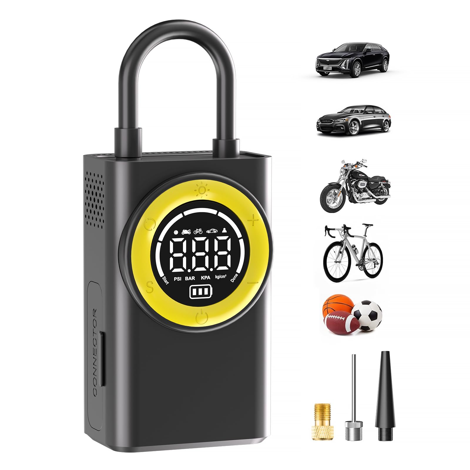 FLYKID Tyre Inflator Air Compressor -Portable Cordless Tyre Pump & Bike Pump  150 PSI  LED Light  Auto Shutoff  Includes 3 Nozzle Adapters for Cars  Bicycles and Sports Equipment