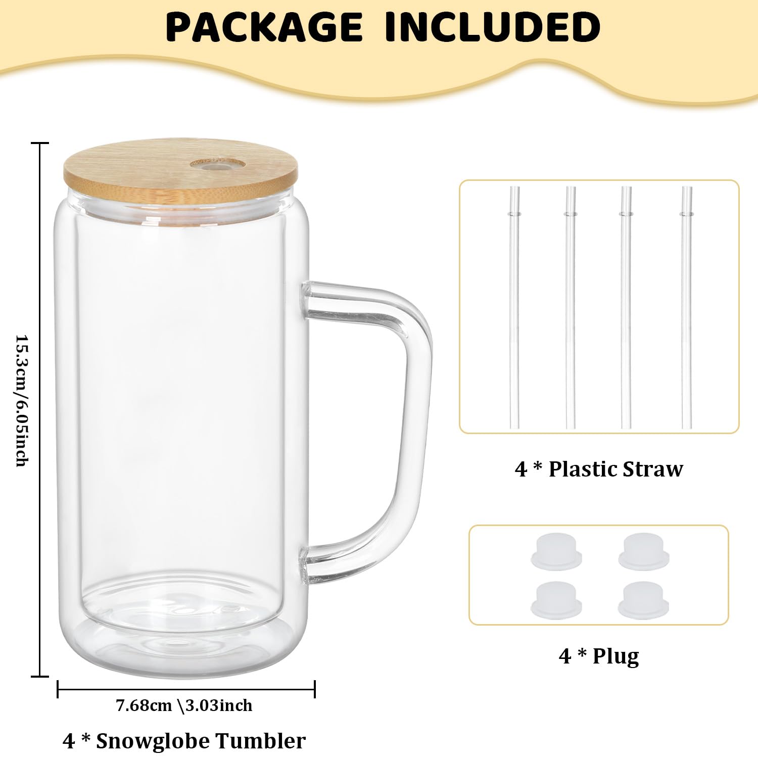 Maucircol 16 Oz Snow Globe Tumblers - 6 Pack Pre-Drilled Glass Cups With Handles & Plugs