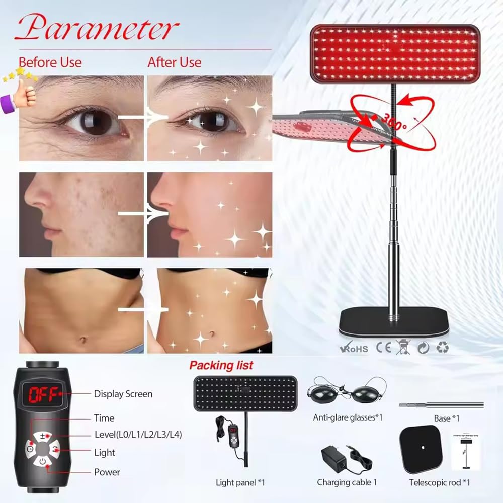 Lampada a Infrarossi Professionale 126 LED-Altezza Regolabile 30-130cm,4 Livelli Luminosi, 5 Timer,Collo di Cigno 360° con Occhiali Protettivi & Supporto Per lenire i muscoli del viso e del corpo