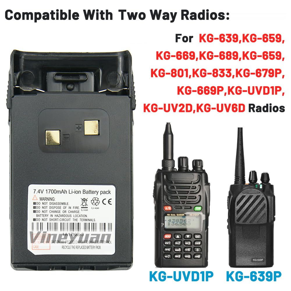 Batteria agli ioni di litio 7.4V 1700mAh 1A17KG-3 per WouXun KG-UVD1P KG-UV6D KG-659 KG-699 KG-689 Batteria rapida radio bidirezionale con clip da cintura
