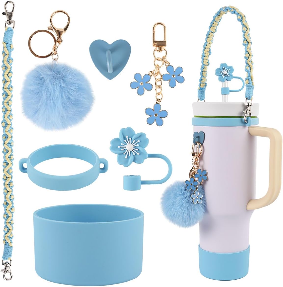 AAUP Water Bottle Holder,Straw Cover,Silicone Boot,Pompom Ball,Daisy key-chain,Compatible with Stanley Cup16oz 24oz and 40oz
