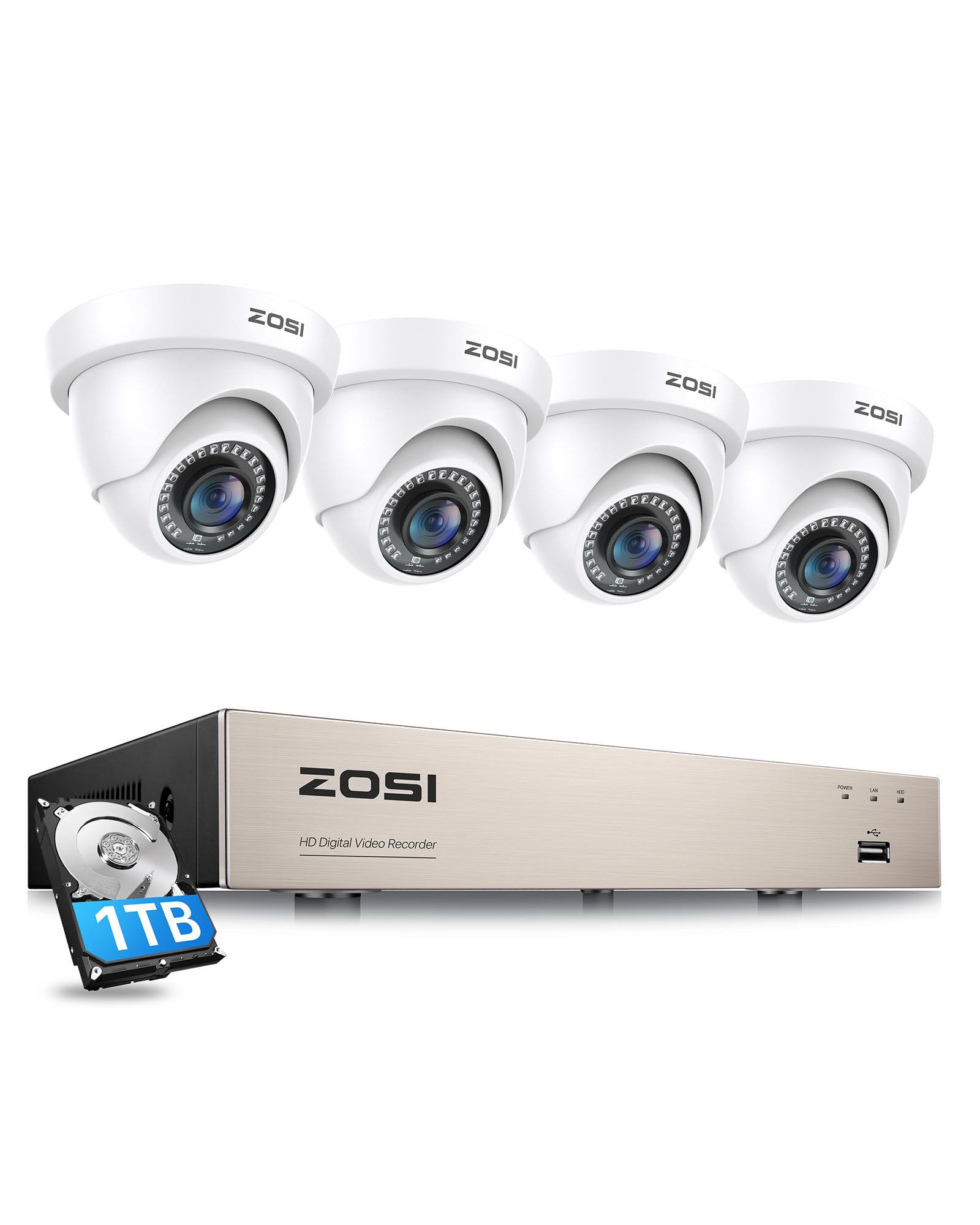 ZOSI 3K Lite Security Camera System with 1TB Hard Drive, 4 Dome Cameras