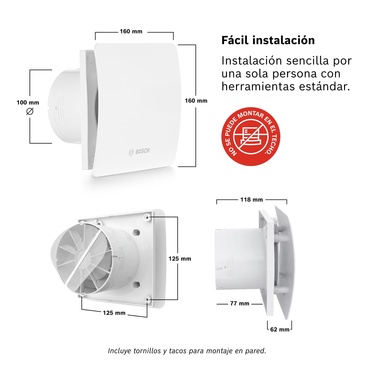 Bosch Extractor de baño 1500 DH 100mm - Para la ventilación en el baño y WC, contra la humedad y el moho - Con higrostato y temporizador - 100 mm de diámetro