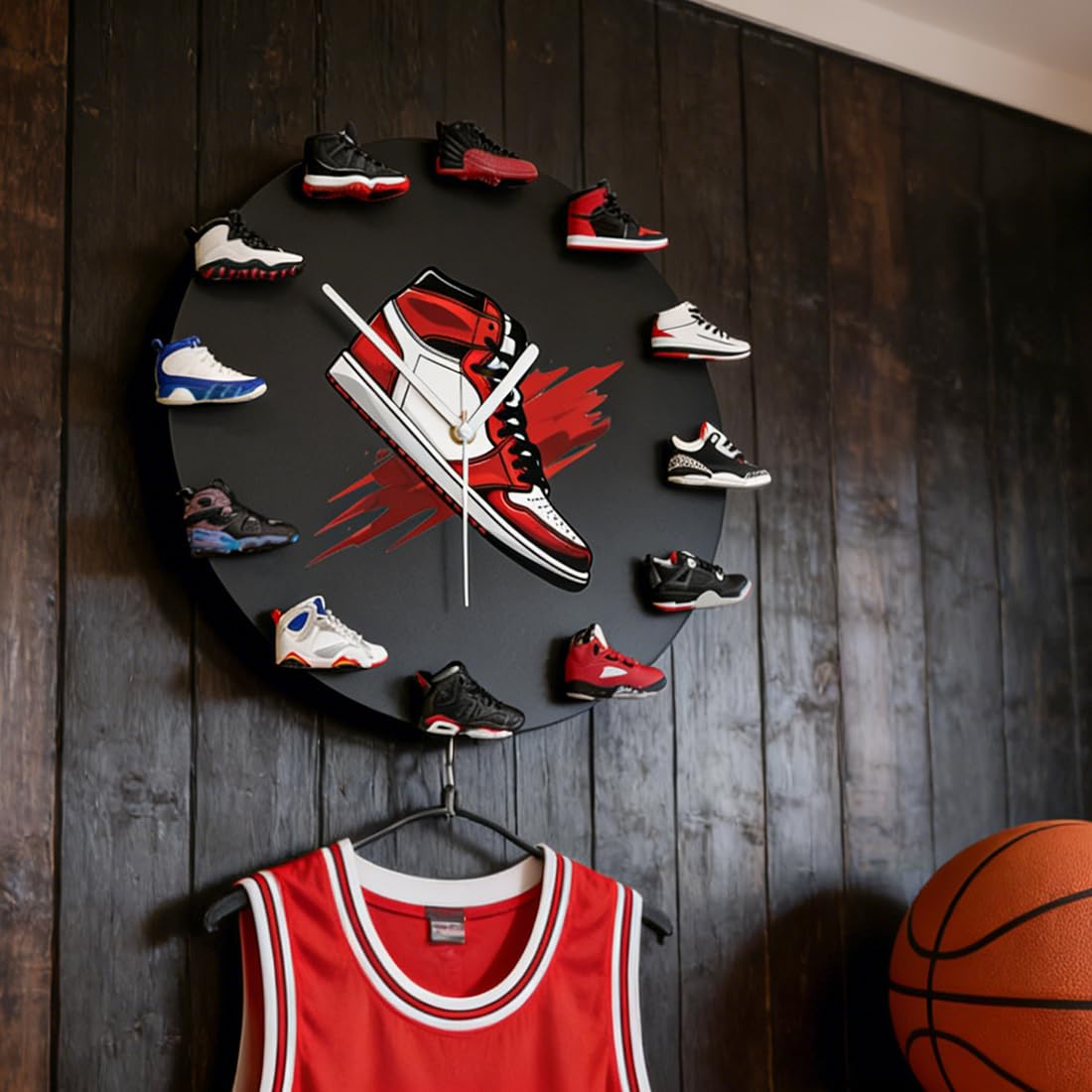 Horloge murale décorative avec 12 mini chaussures de basket 3D, cadeau pour hommes et femmes amis (noir)