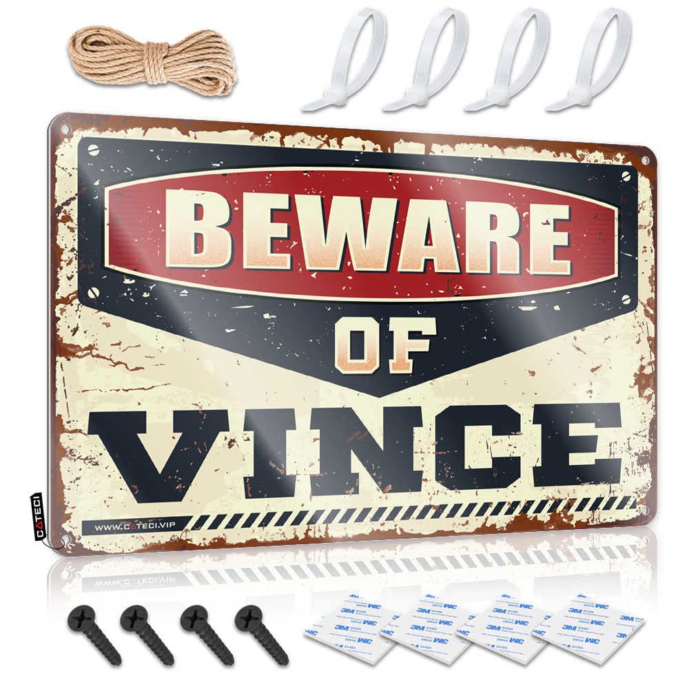Fzfn Men's Colour Rustic Signs, Man Cabe Decor Collection Beware Of Vince | Farmhouse Gate Decor(30X40cm)