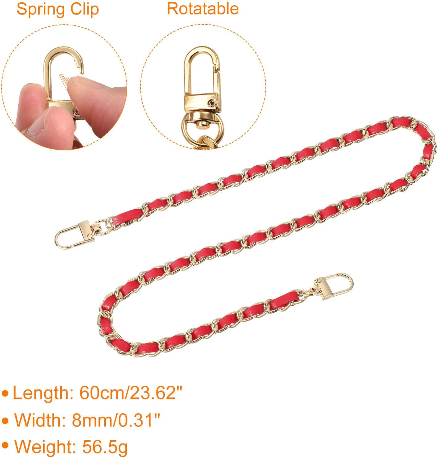 uxcell Purse Chain Strap, 24" Leather Iron Flat Chain Strap Handbag Chains Purse Straps with Buckles for Shoulder Bags Replacement Strap (Red Strap + Gold Chain) - Image 2
