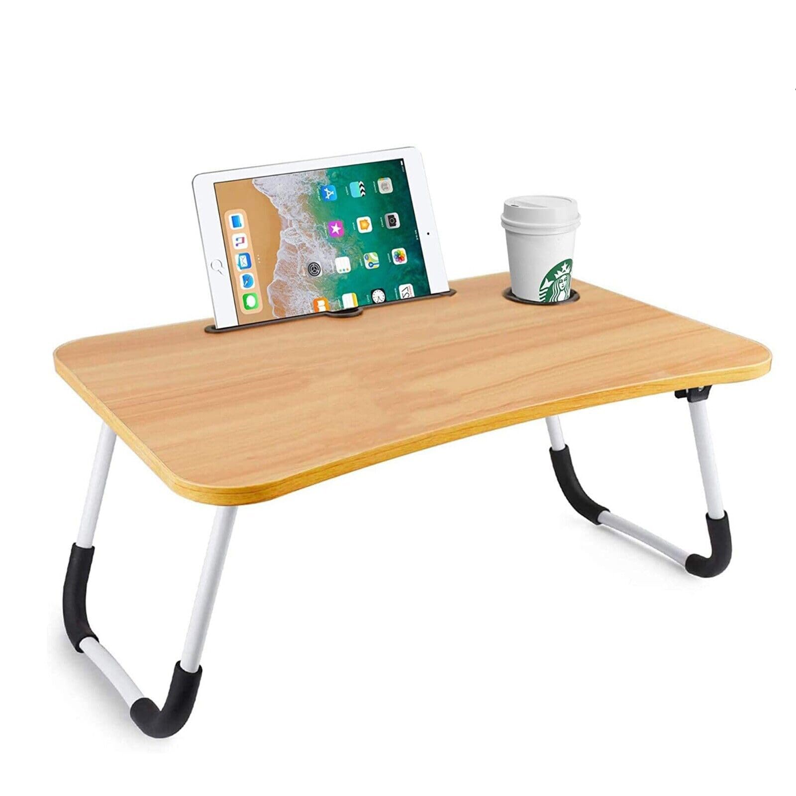 Ntek Walnut Laptop Bed Table | Foldable Legs Notebook Desk With Cup Slot | Portable For Laptop, Reading, Watching Movie (Walnut)