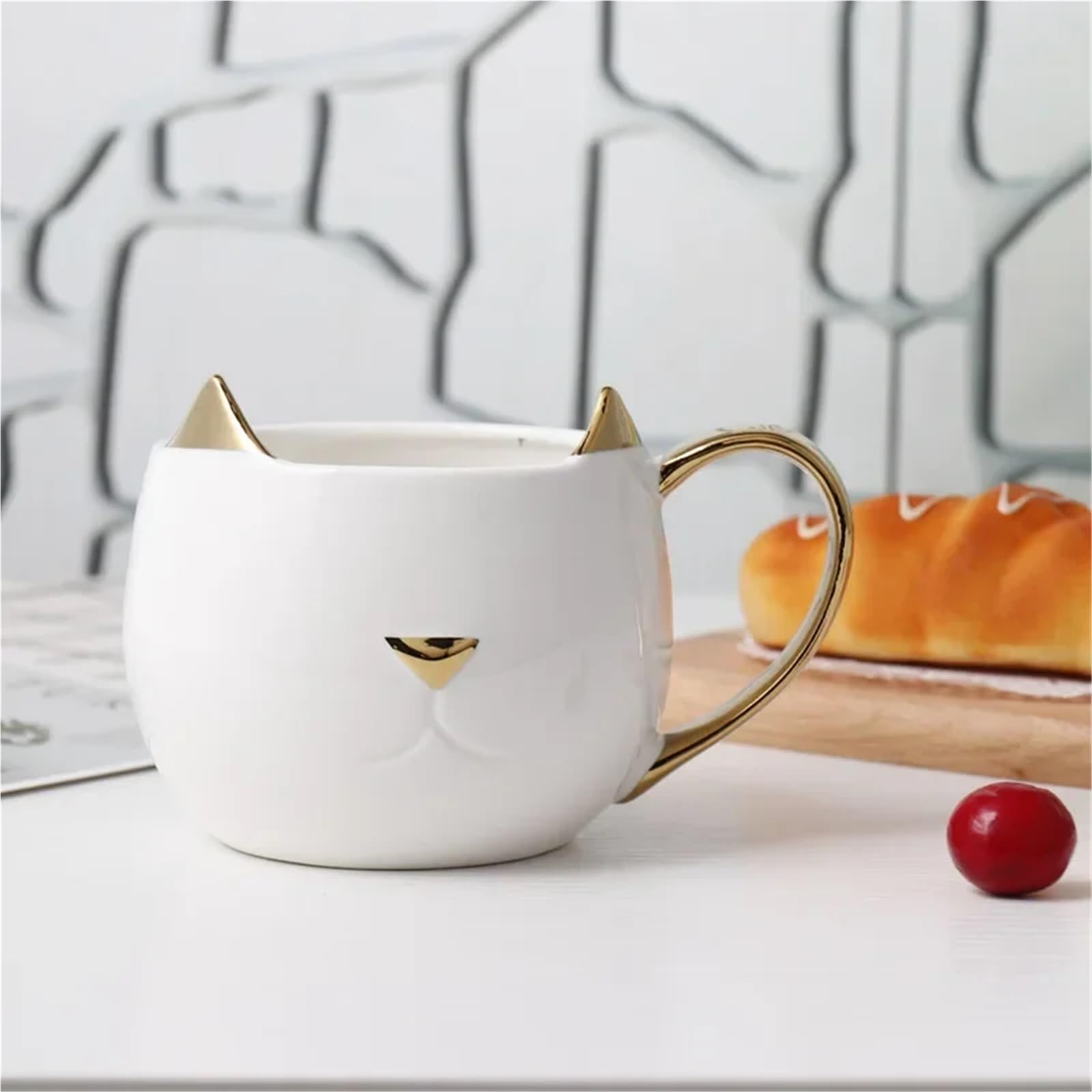 Taza de cerámica con orejas de gato, tazas de café chapadas en oro con asa, taza de avena y leche for desayuno, parejas Para Boda(Black)