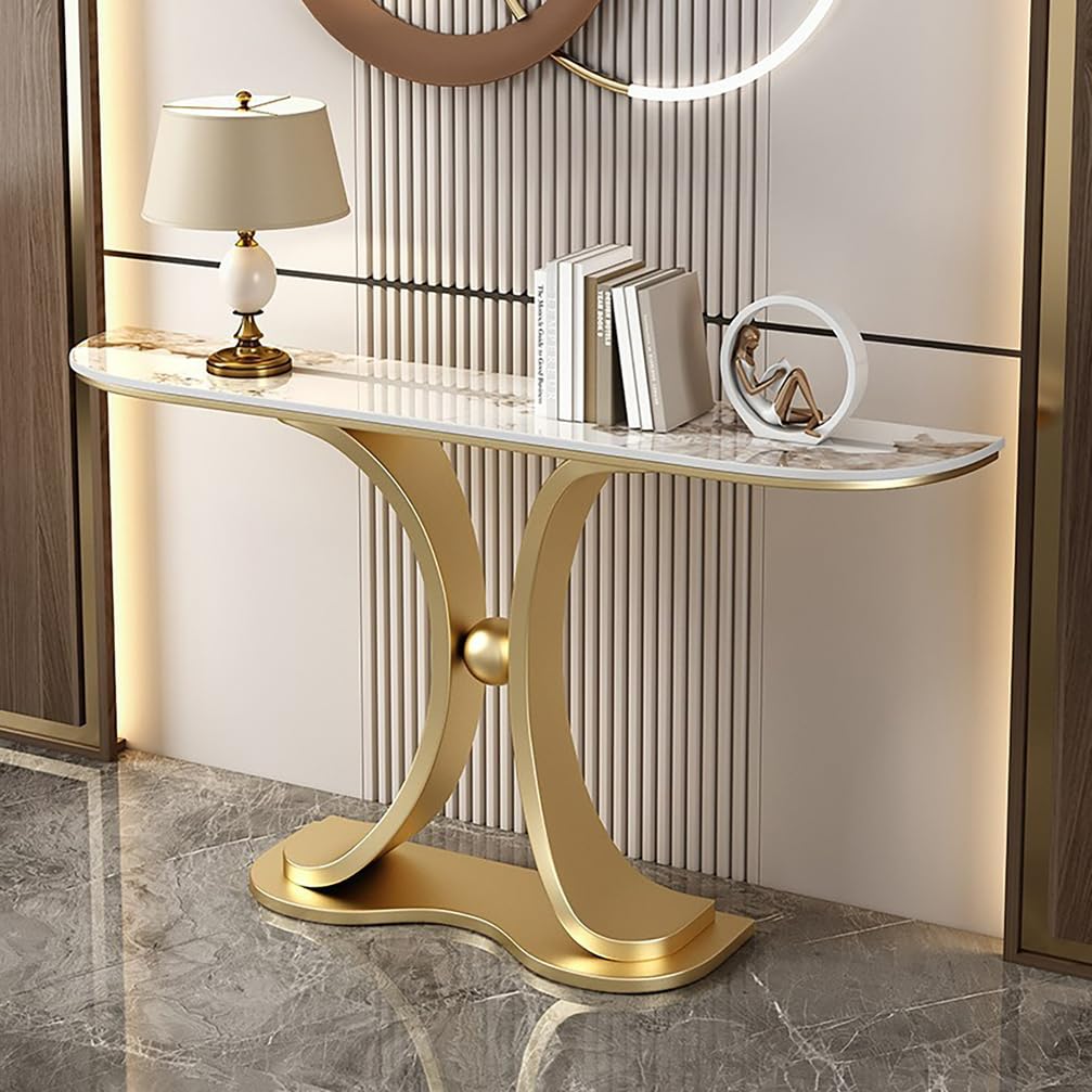 WYRNOBRX Console Tables for Entryway with Marble-Look Top Metal Side Table Minimalist Entry Way Table Home Decor for Living Rooms, Hallways, And Hotel Lobbies,Gold/A,L100*H80*W30
