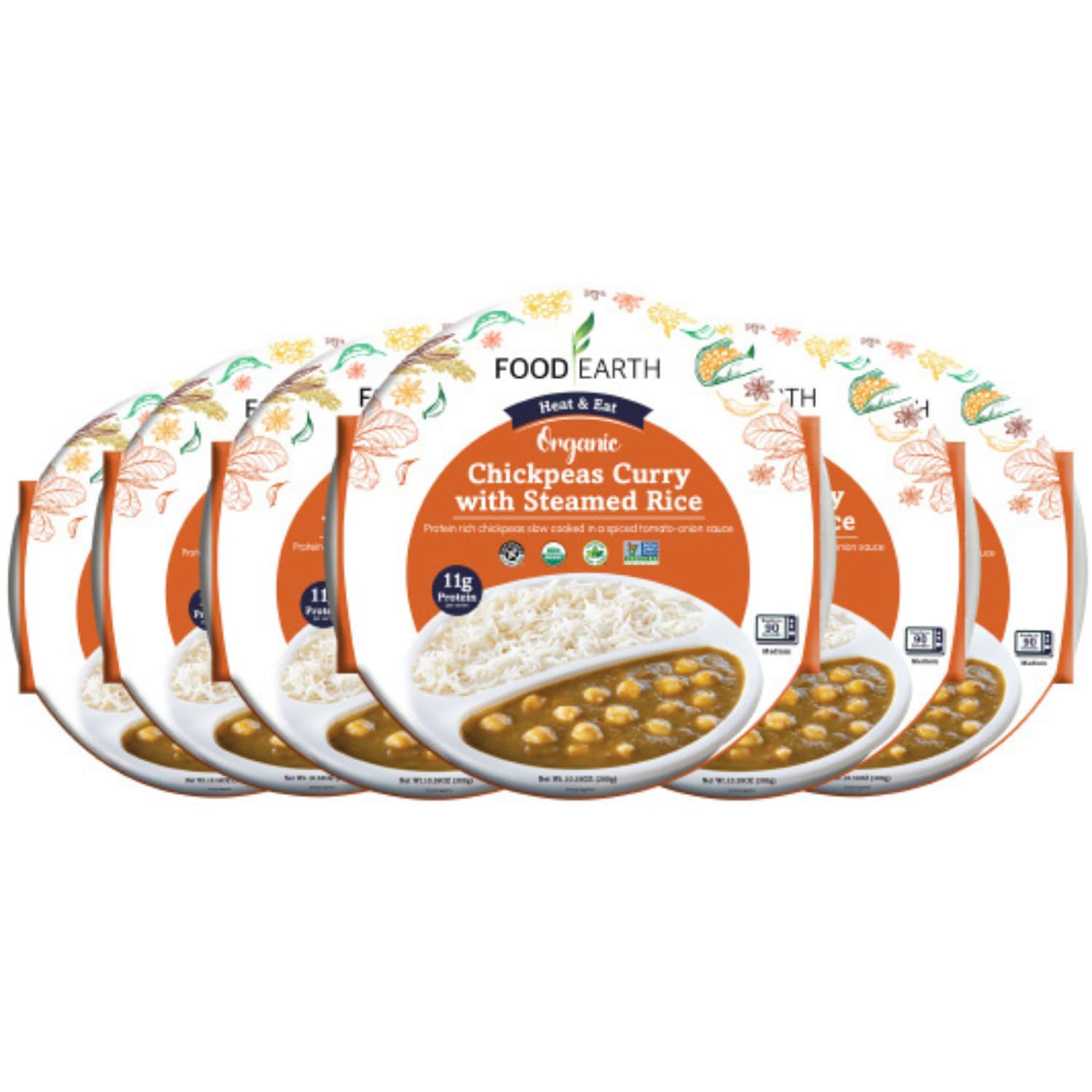 Food Earth Ready-to-Eat Indian Chickpeas Curry with Steamed Rice – Organic, Vegan, Gluten-Free, Microwavable Meal (Pack of 6 x 10.58 oz)