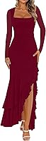 BORIFLORS Women's Ruched Mesh Long Sleeve Bodycon Maxi Dress - Mermaid Ruffle Formal Cocktail Party Gown